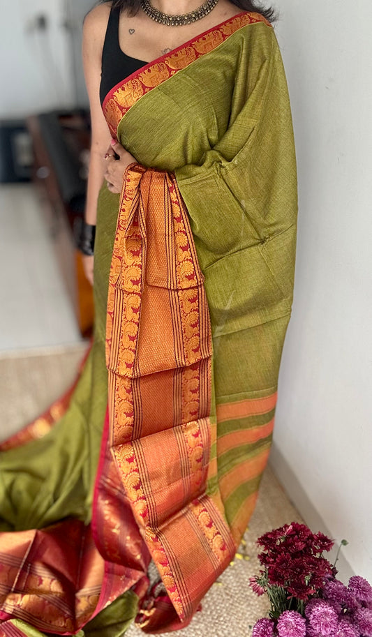 Parrot green with broad zari border, premium narayanpet, soft cotton - YCWOTDFEBB05