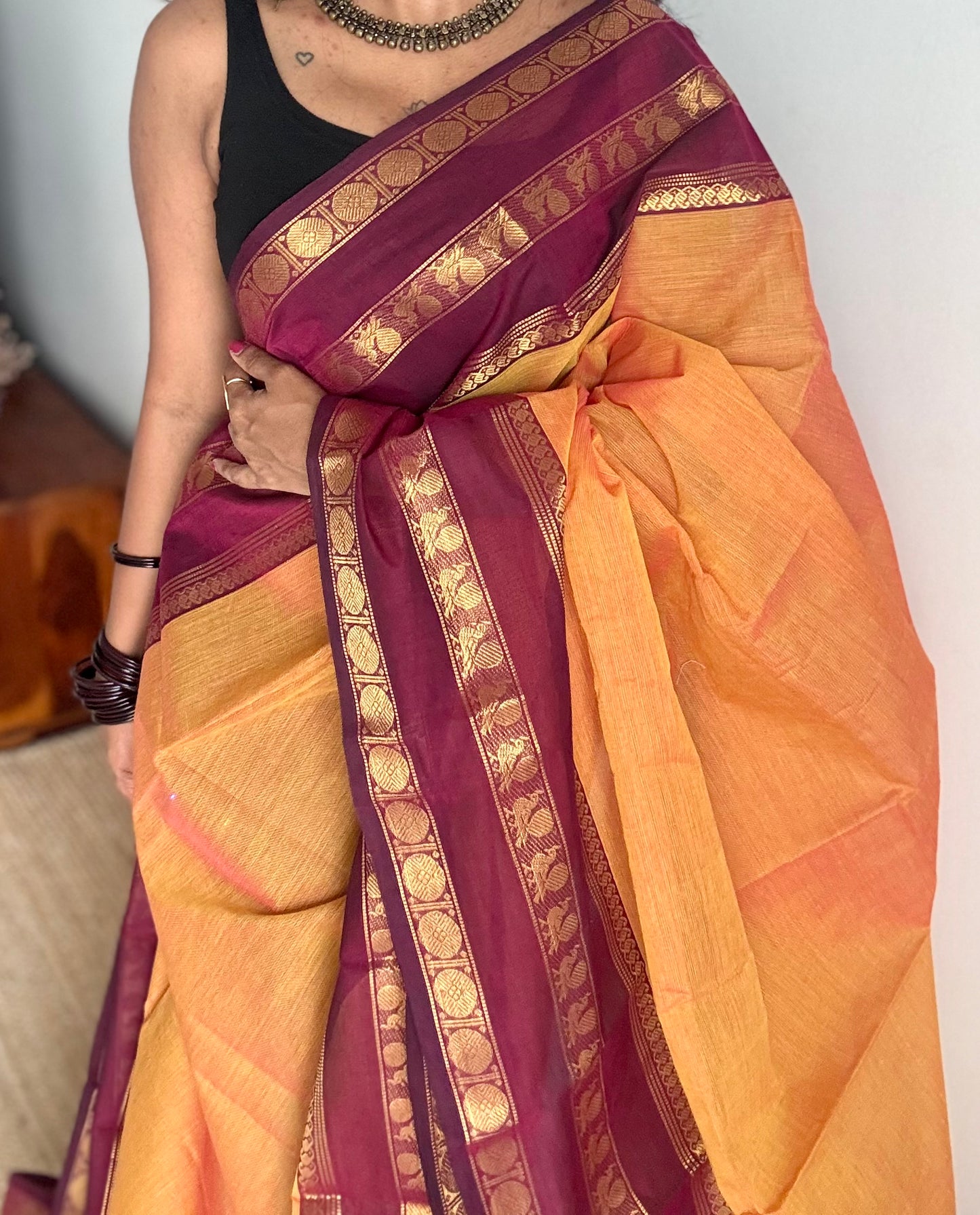 Light orange with maroon contrast border, chettinad cotton - YCCOTNOCCC02