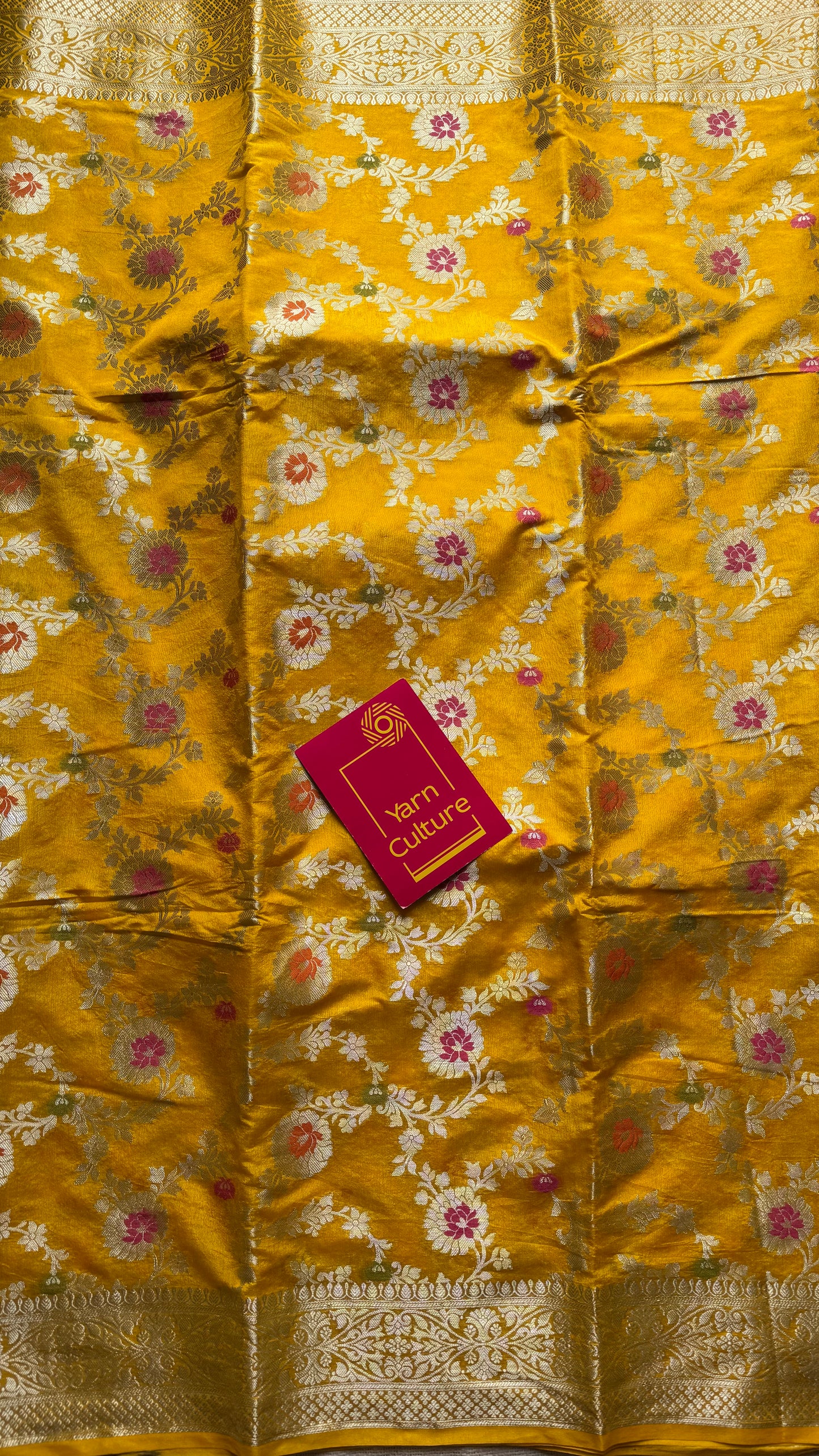 Yellow meenakari floral pattern in silver zari, Banarasi katan dupion silk - YCDESE11