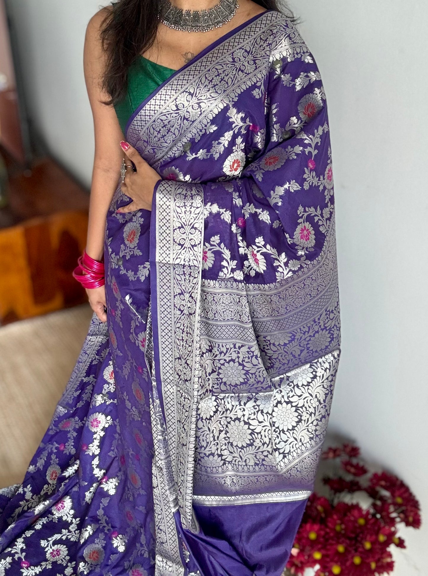 Dark blue meenakari floral pattern in silver zari, Banarasi katan dupion silk - YCDESE12
