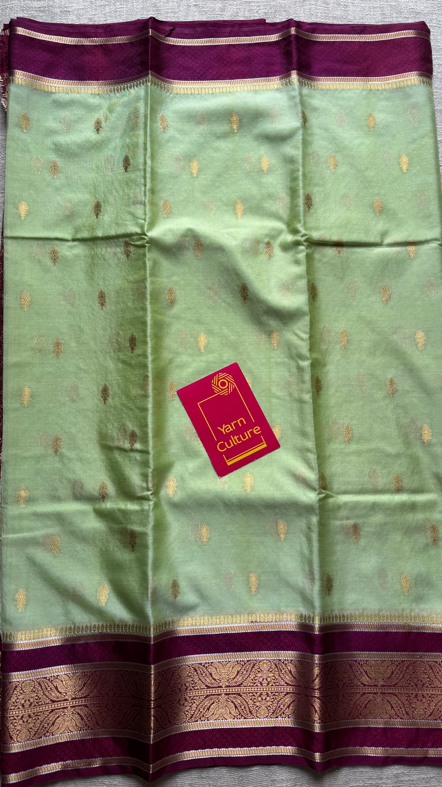 Pista green with maroon border, Banarasi semi-silk - YCDESE05