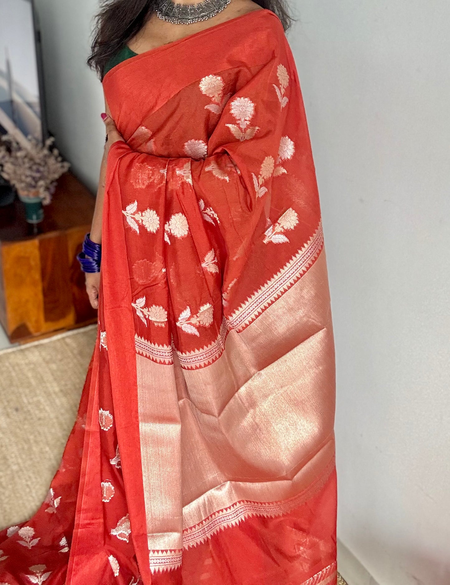 Rust orange with gold and silver floral buttas, Banarasi semi-crepe silk - YCDESE50