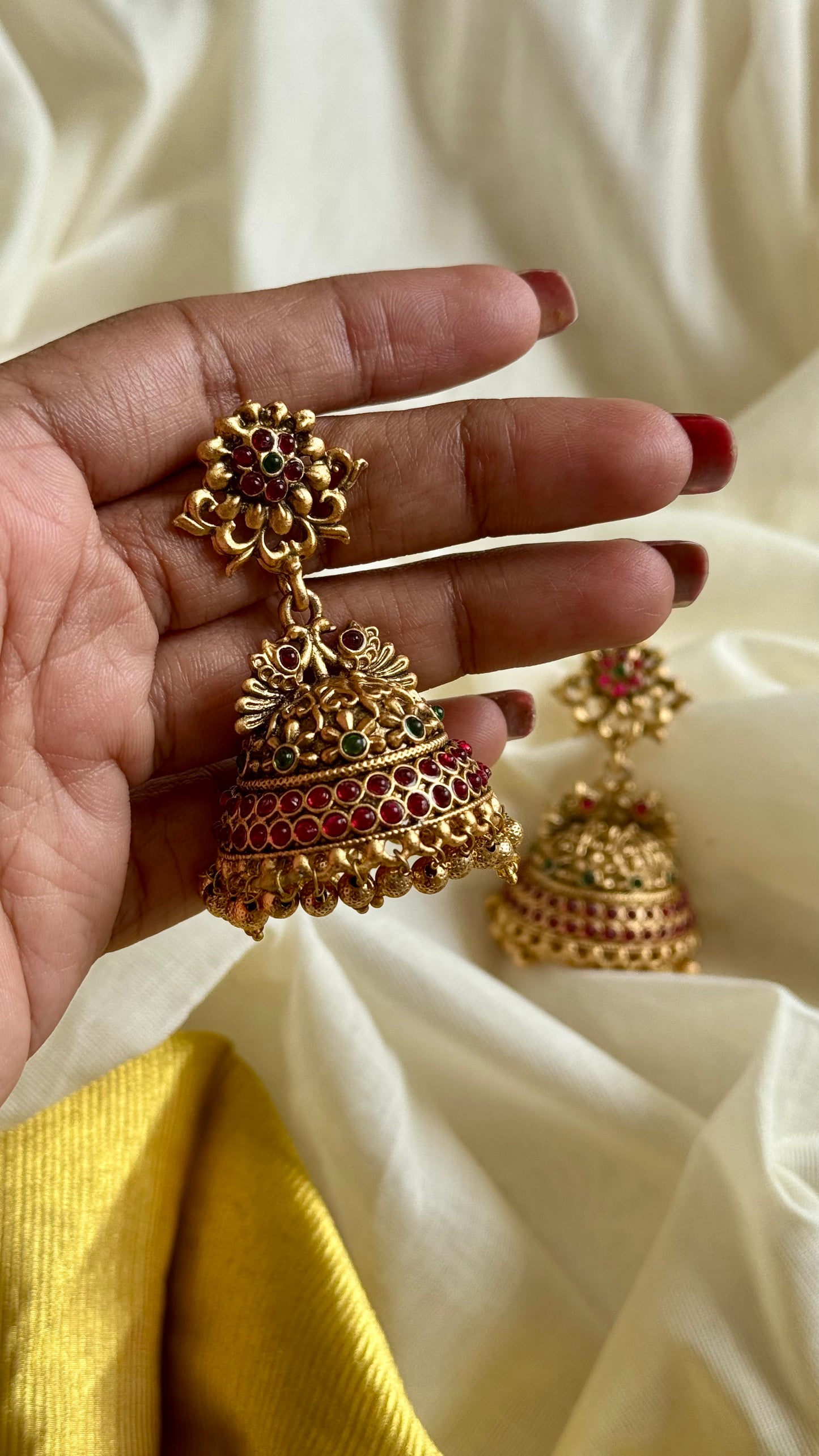Dark pink and green stoned jhumka with gold bead drops, antique gold - YCAGJK96