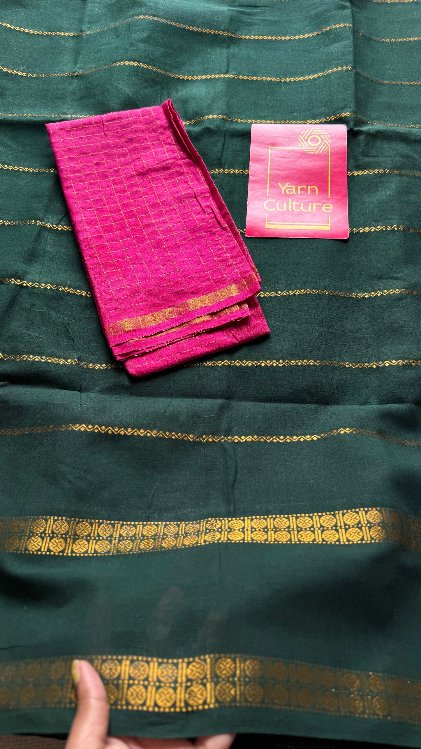 Dark green veldhaari with rettaipet border, kattuchayam dyed, madurai cotton - YCCOTNSEMS89