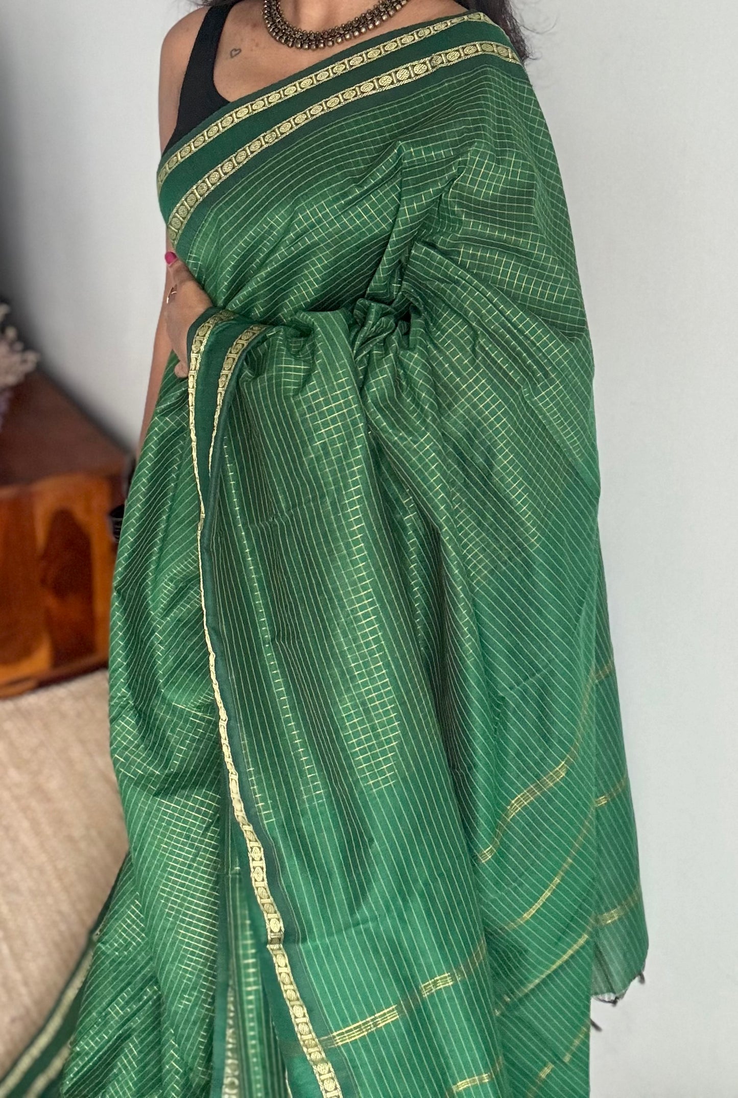 Dark green, arani checks, cotton silk - YCCOTNOCAR12