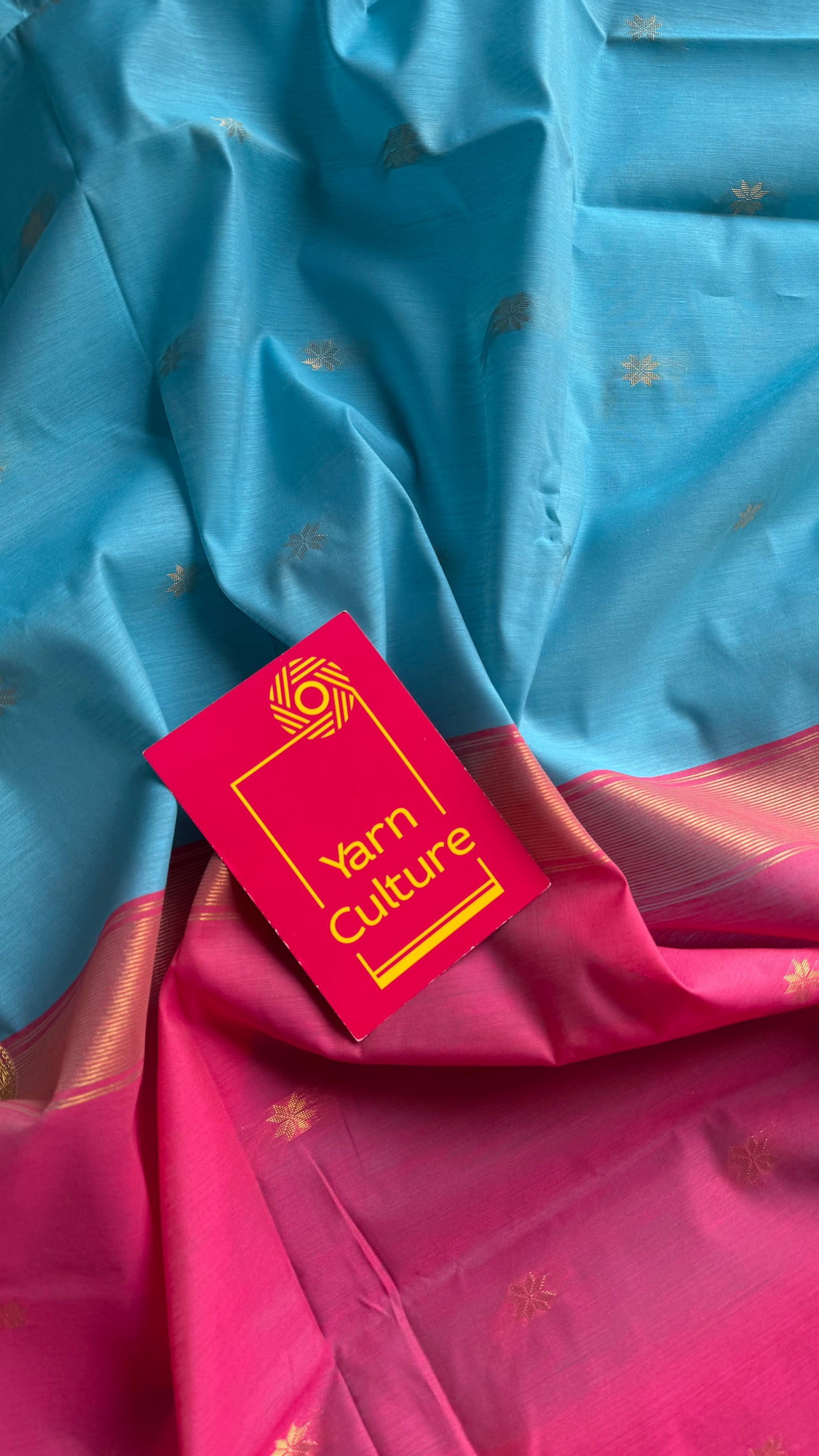 Sky blue with pink, gold buttas, semi maheshwari cotton silk - YCCOTNFEJUSM06