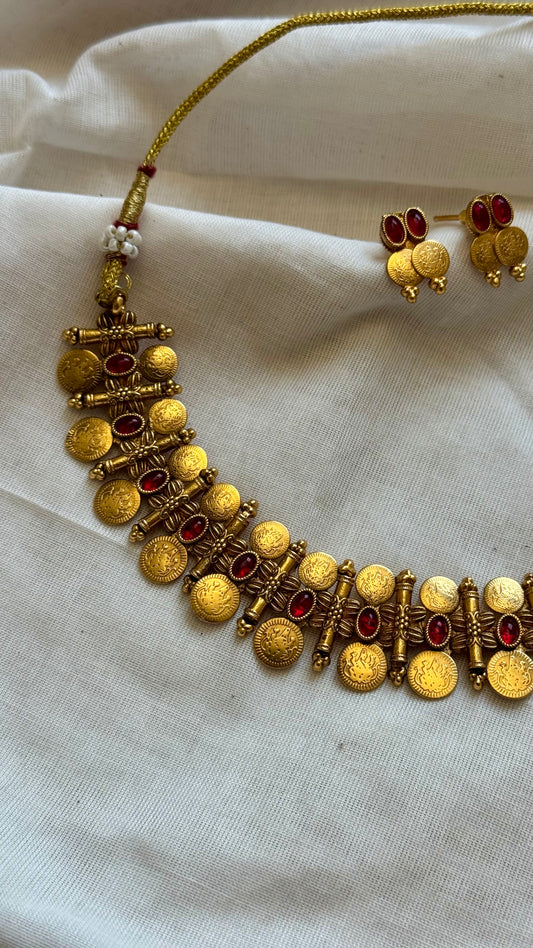 Coin necklace with ruby stones, with earrings - YCGPNP610