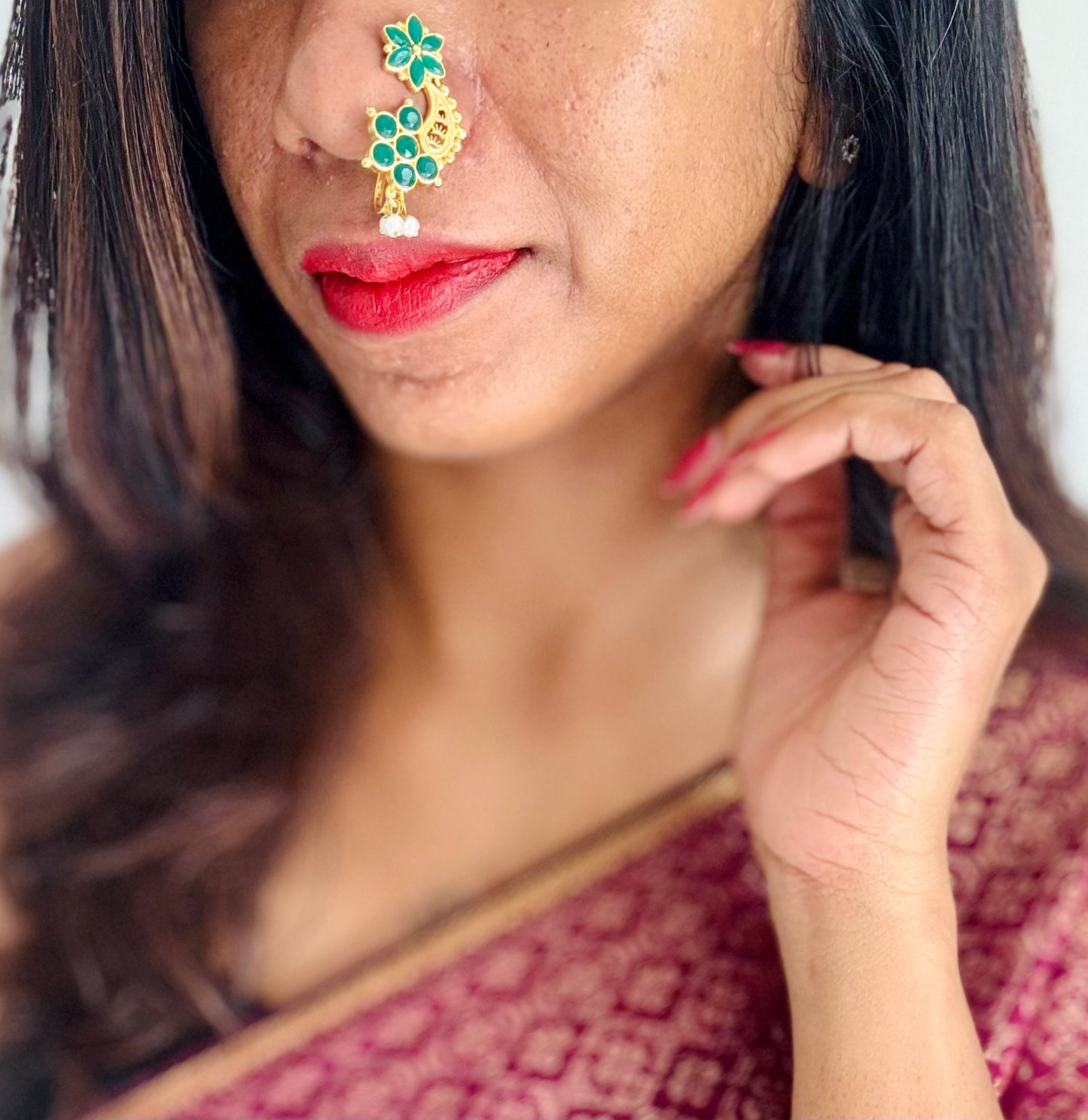 Gold plated, green floral pattern, clip on Maharashtrian nath - YCGPNC205