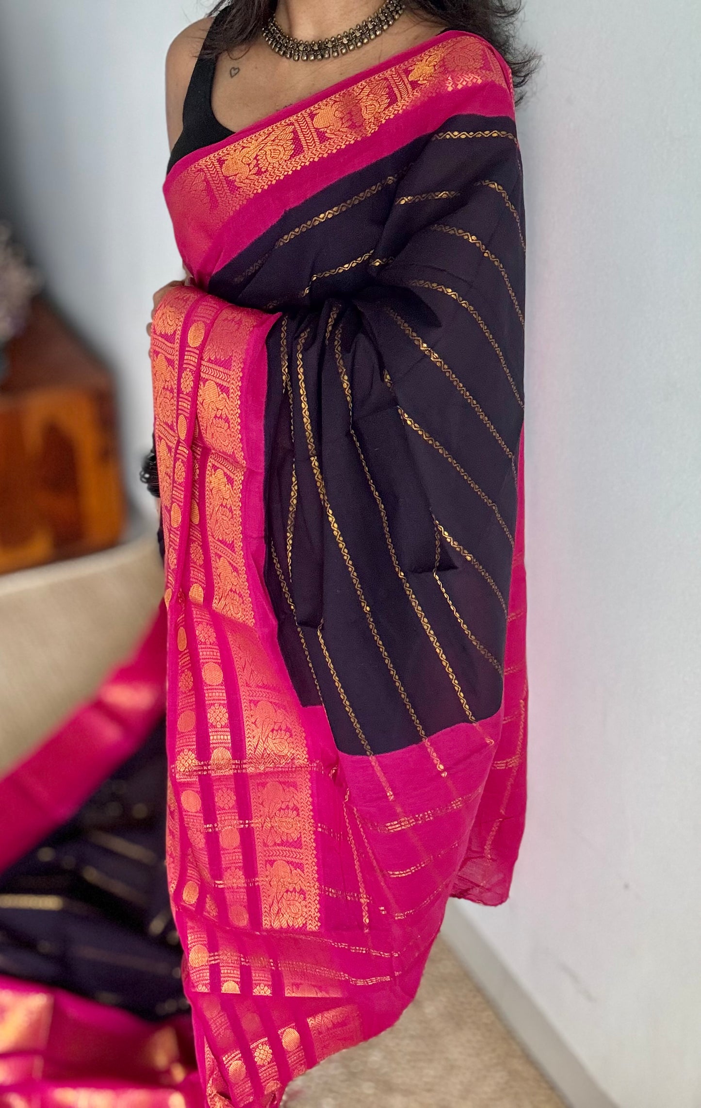 Dark blue with hot pink, peacock rudraksham motif, single side broad zari - madurai kattuchayam dyed - YCCOTNAUS24