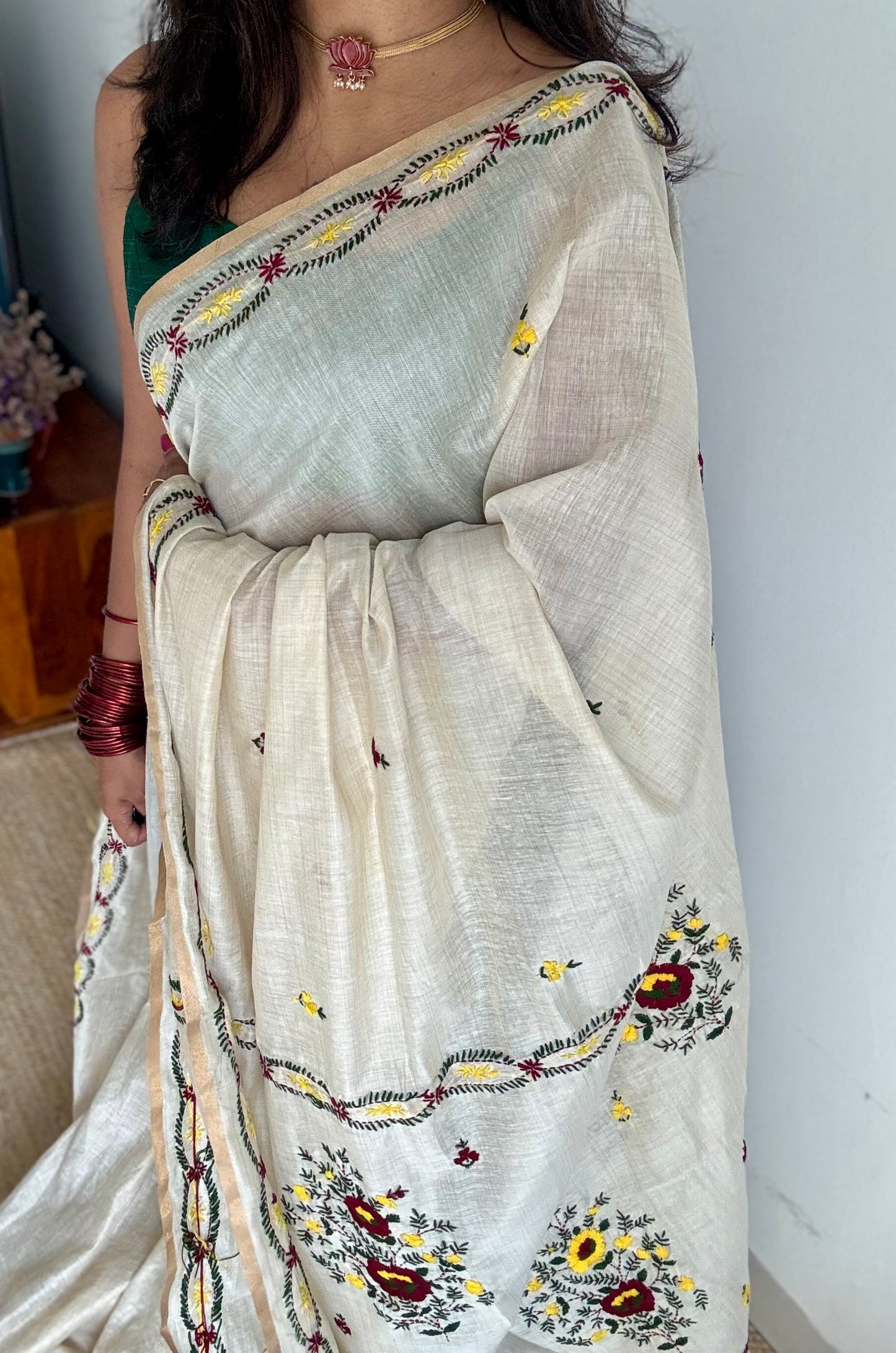 Ivory maheshwari cotton silk blend with yellow and maroon floral kantha threadwork - YCBLJULMK07