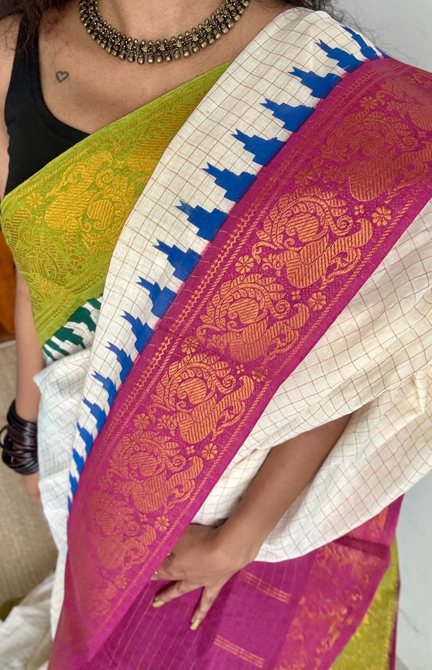 Sungudi cotton checks, ivory gold base, green and magenta dual tone border, soft cotton - YCCOTNSEMS60