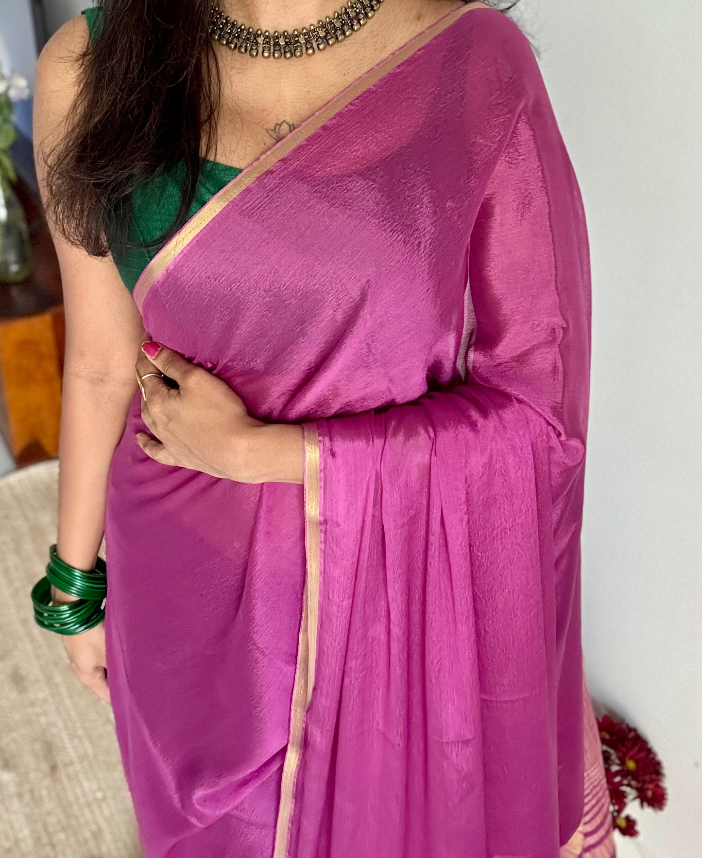 Dusty pink chiffon with thin gold zari border - YCDESE22