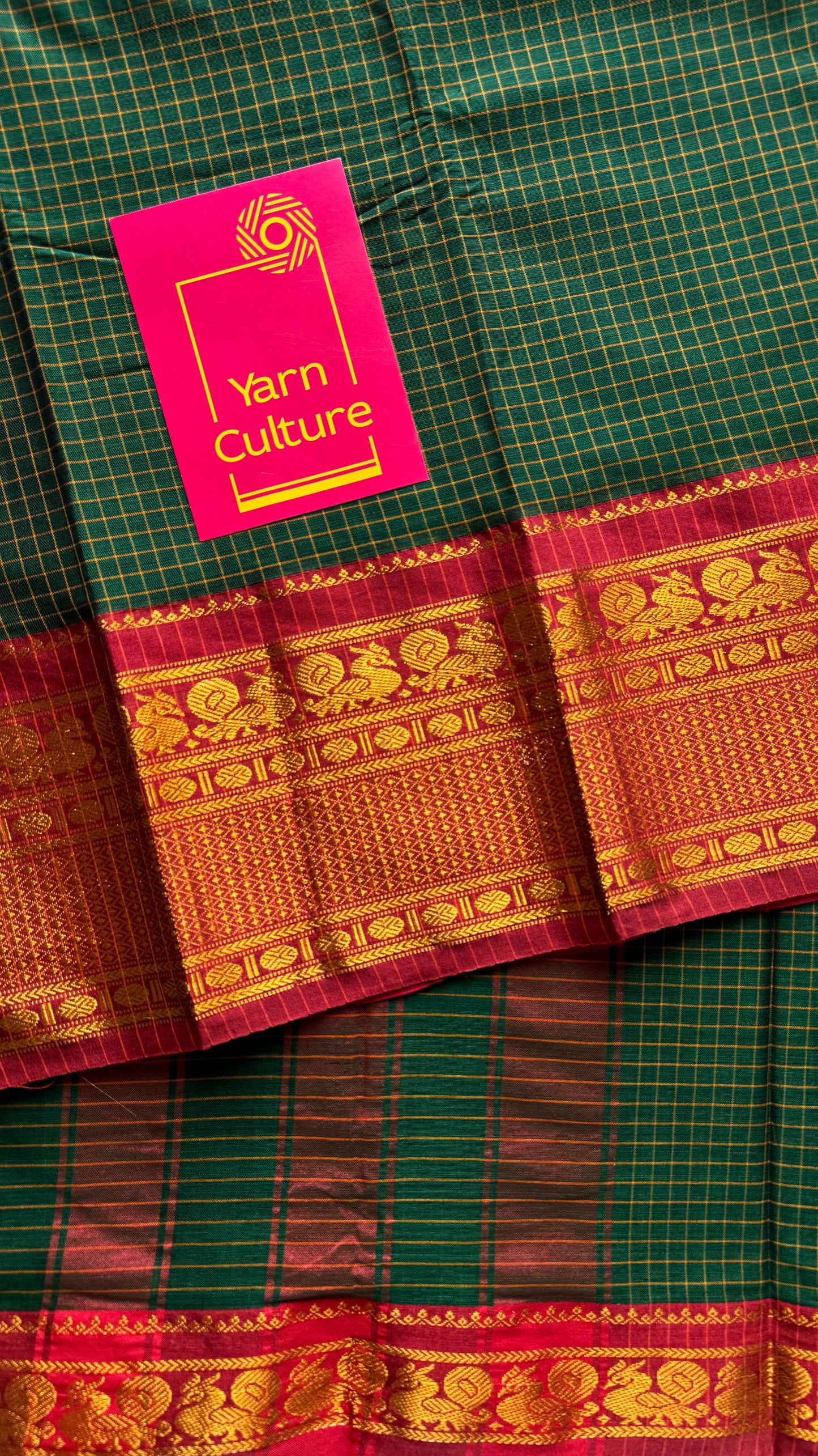 Dark green checks with zari border, premium narayanpet, soft cotton - YCWOTDOCNP01