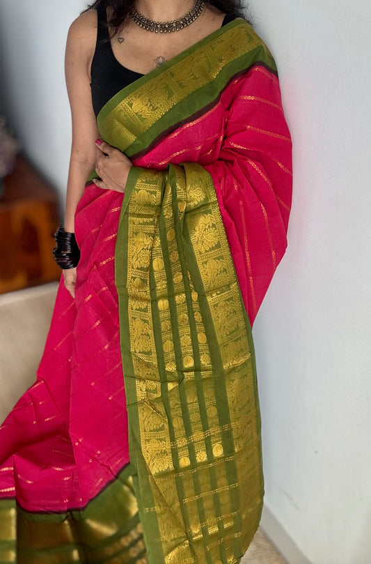 Reddish pink with green, peacock rudraksham motif, single side broad zari - madurai kattuchayam dyed - YCCOTNAUS34