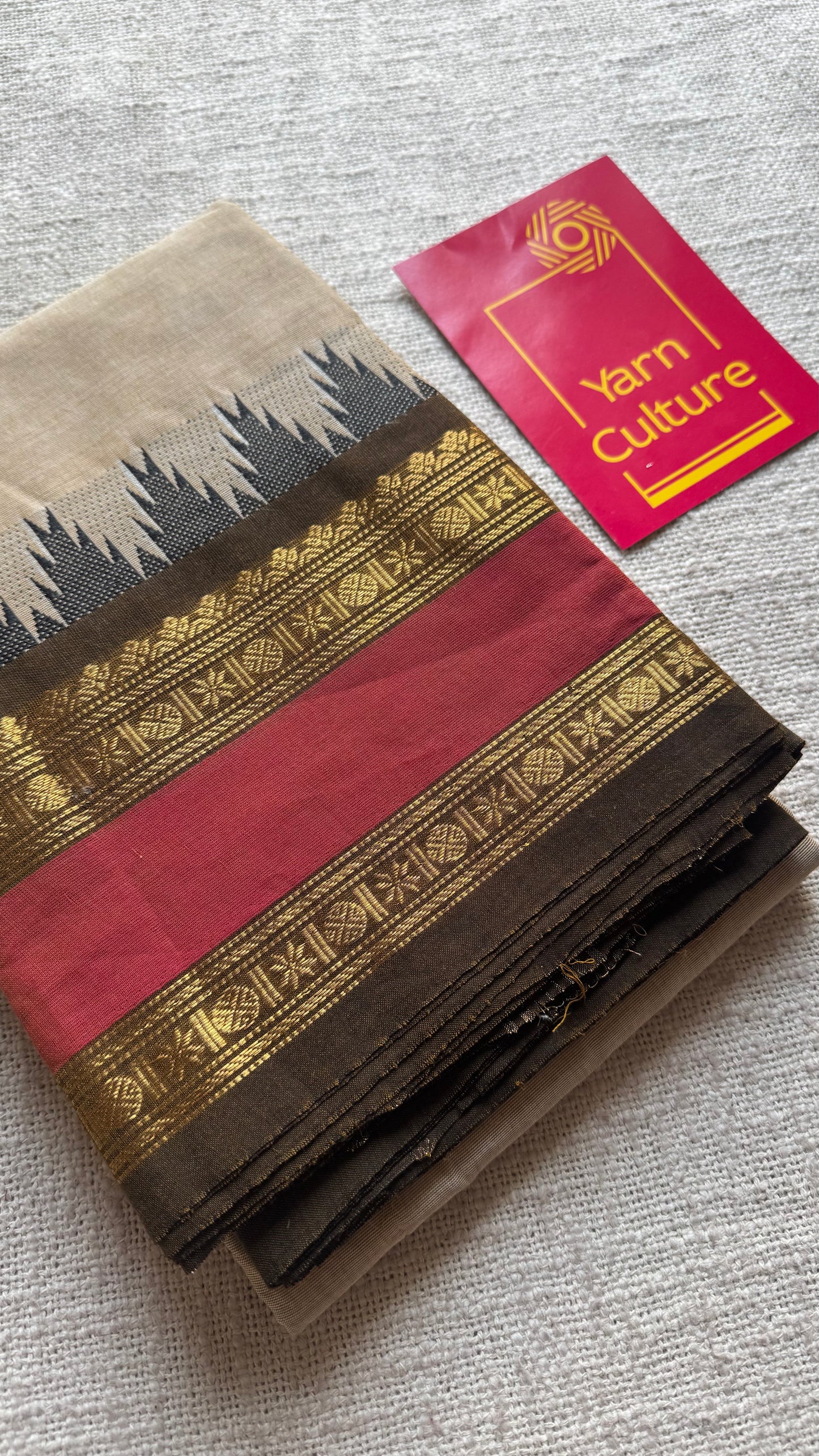 Cream with light red Kanchi cotton saree with rettaipettu double border - YCCOTNCCFE71