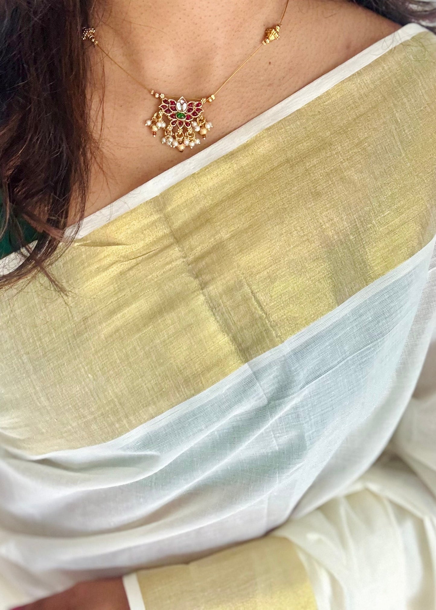 Jadau kundan lotus pendant with bead drops in invisible chain - YCAGC174