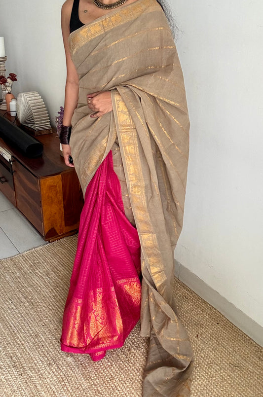 Warm grey and hot pink, sungudi cotton half-half saree - YCCOTNIDMA305