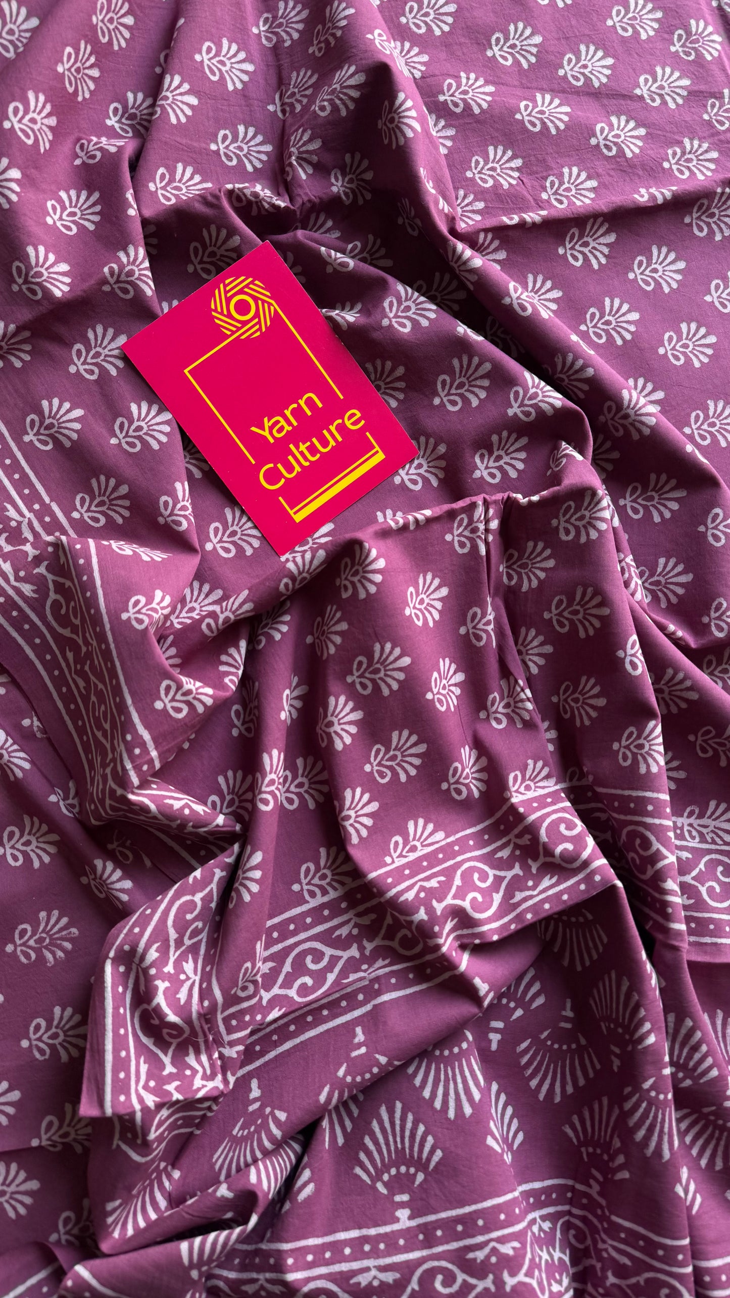 Purple pink with off white floral motifs, block printed soft cotton saree - YCTORCMA18