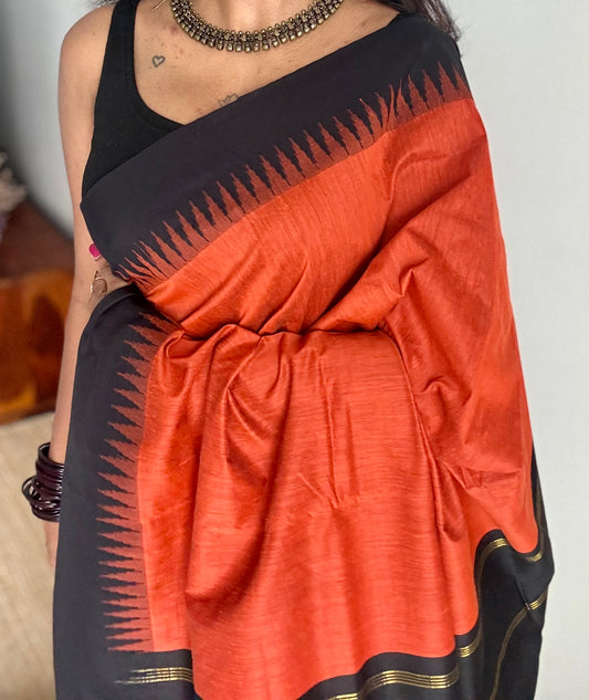 Dark orange with black contrast, temple border saree, cotton silk - YCCOTNTBFE61
