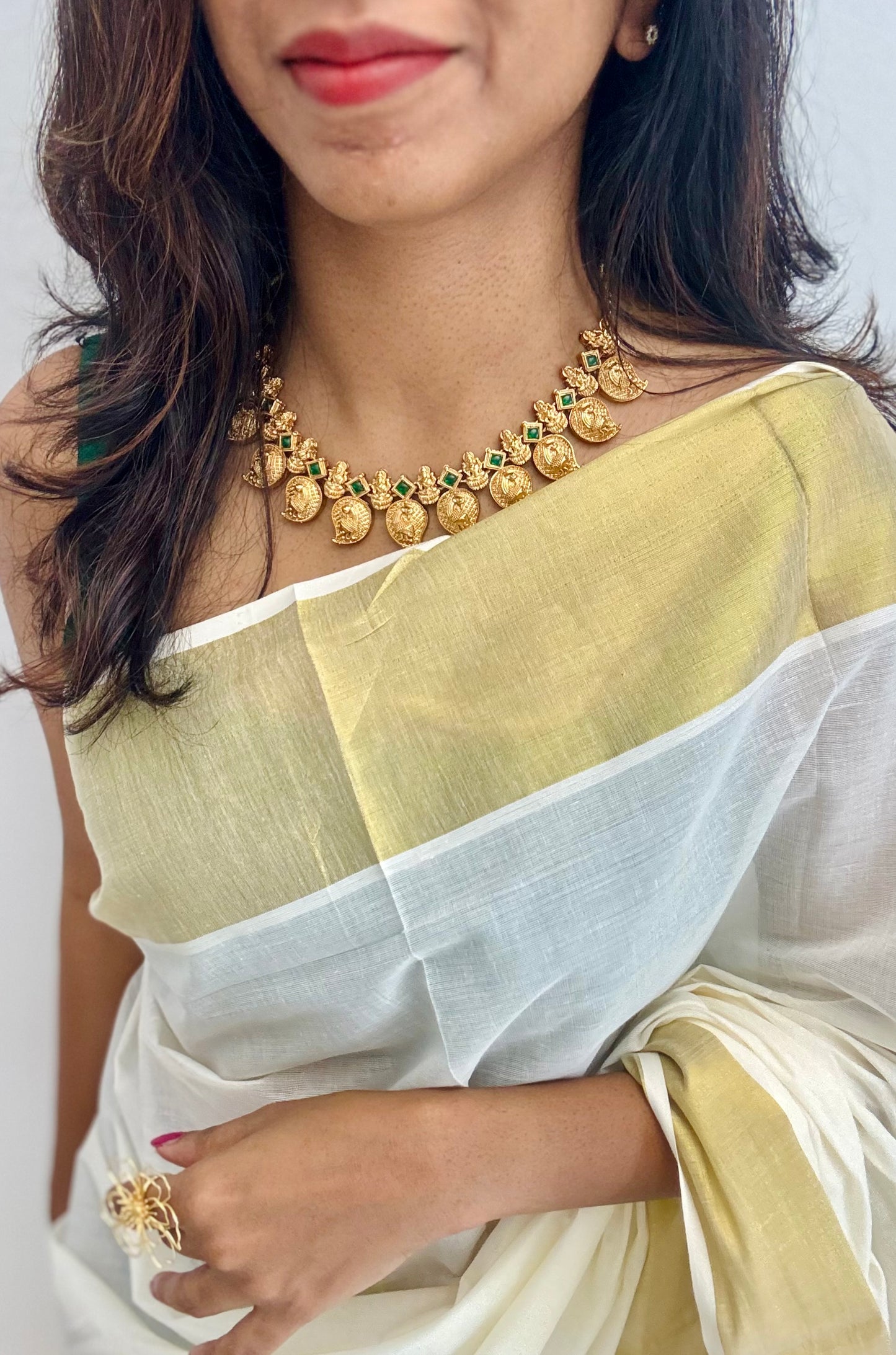Mango shaped pendants with green stones, necklace - YCAGC19