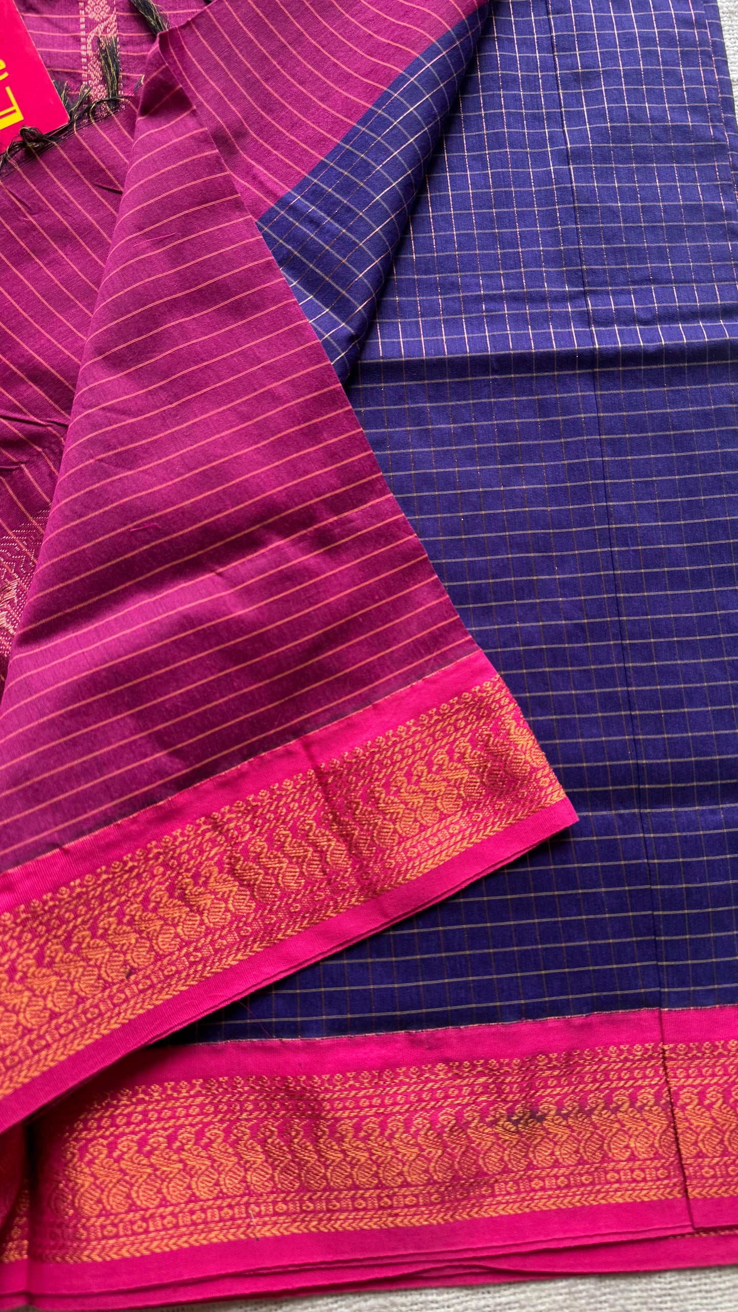 Navy blue with pink, checks - cotton silk - YCCOTNSEKCS13