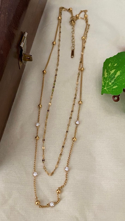 Gold plated double layered chain, white stones - YCGPC393