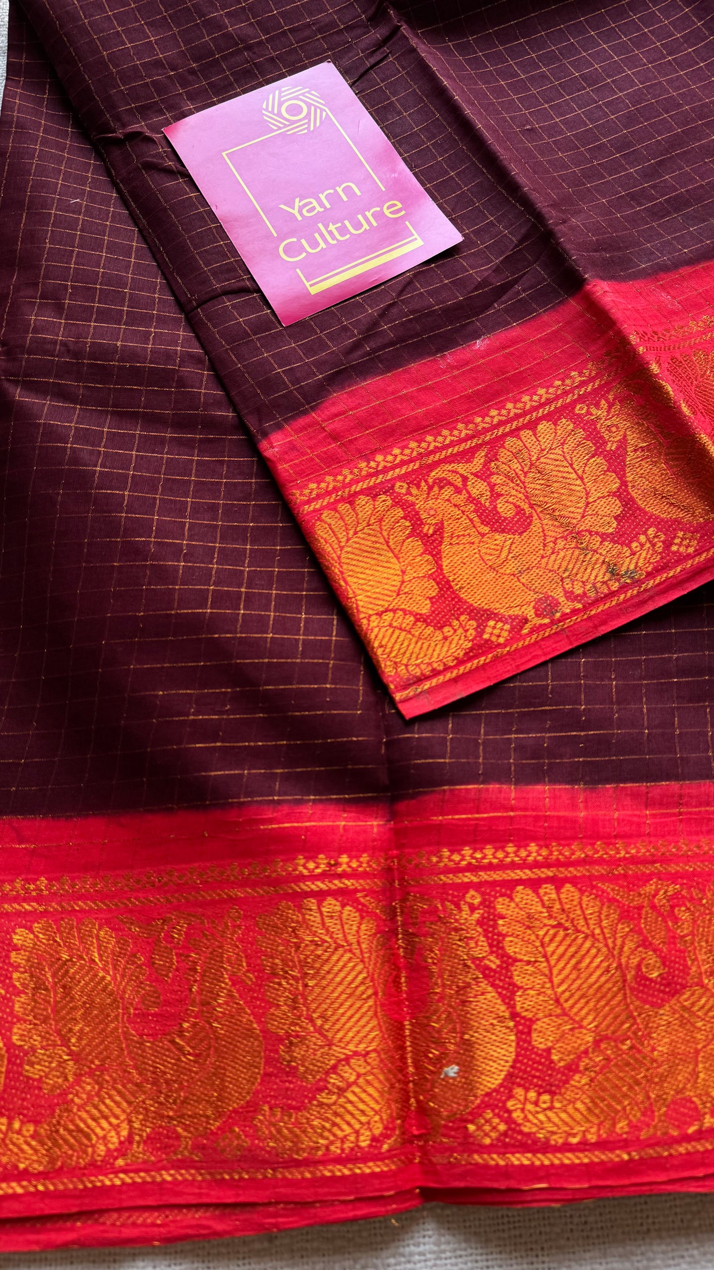 Maroon with chilli red contrast, zari checkered sungudi, kattuchayam dyed madurai cotton - YCCOTNMSFE334