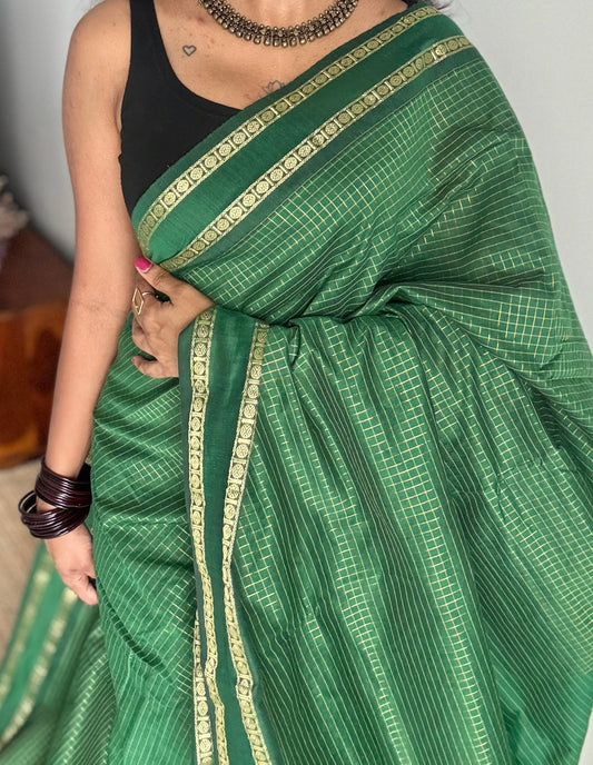 Dark green, arani checks, cotton silk - YCCOTNOCAR12