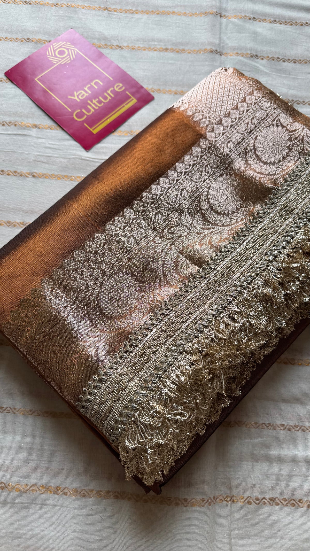 Brown tissue Banarasi saree with embellished gold lace border - YCBLTOC80