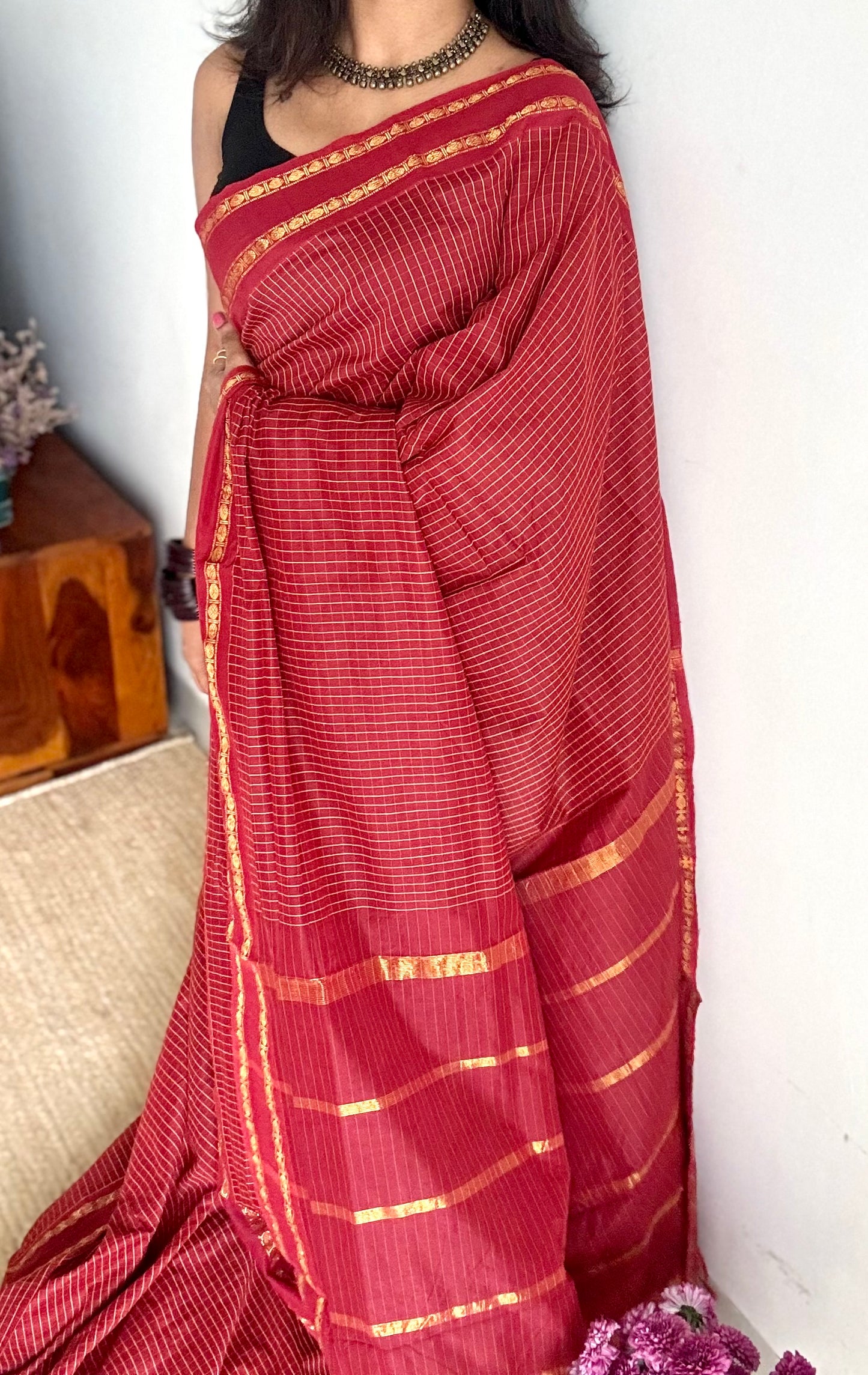 Maroon, arani checks, cotton silk - YCCOTNJUAR04