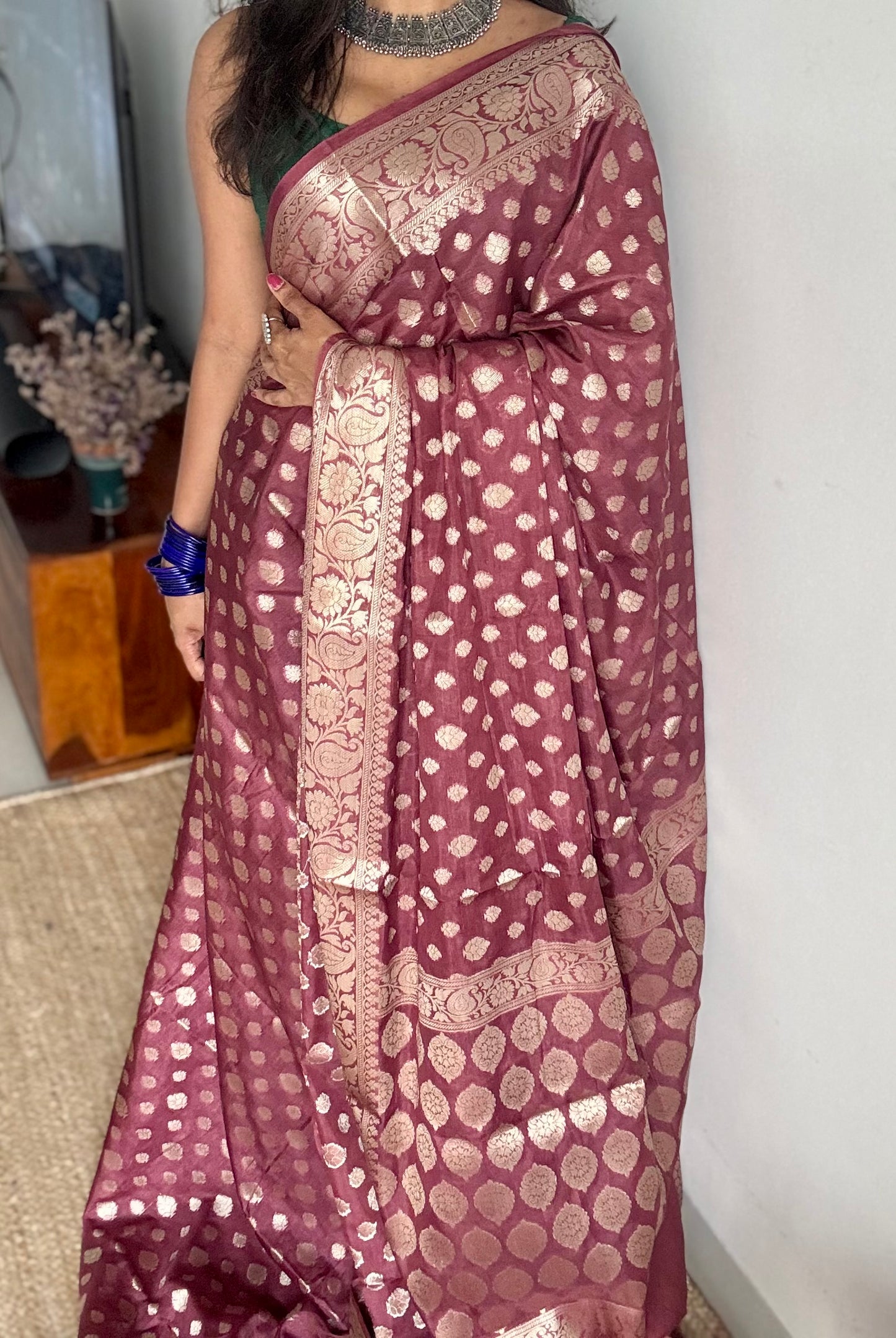 Dark mauve, silver buttas and zari, Banarasi semi-silk - YCDESE38