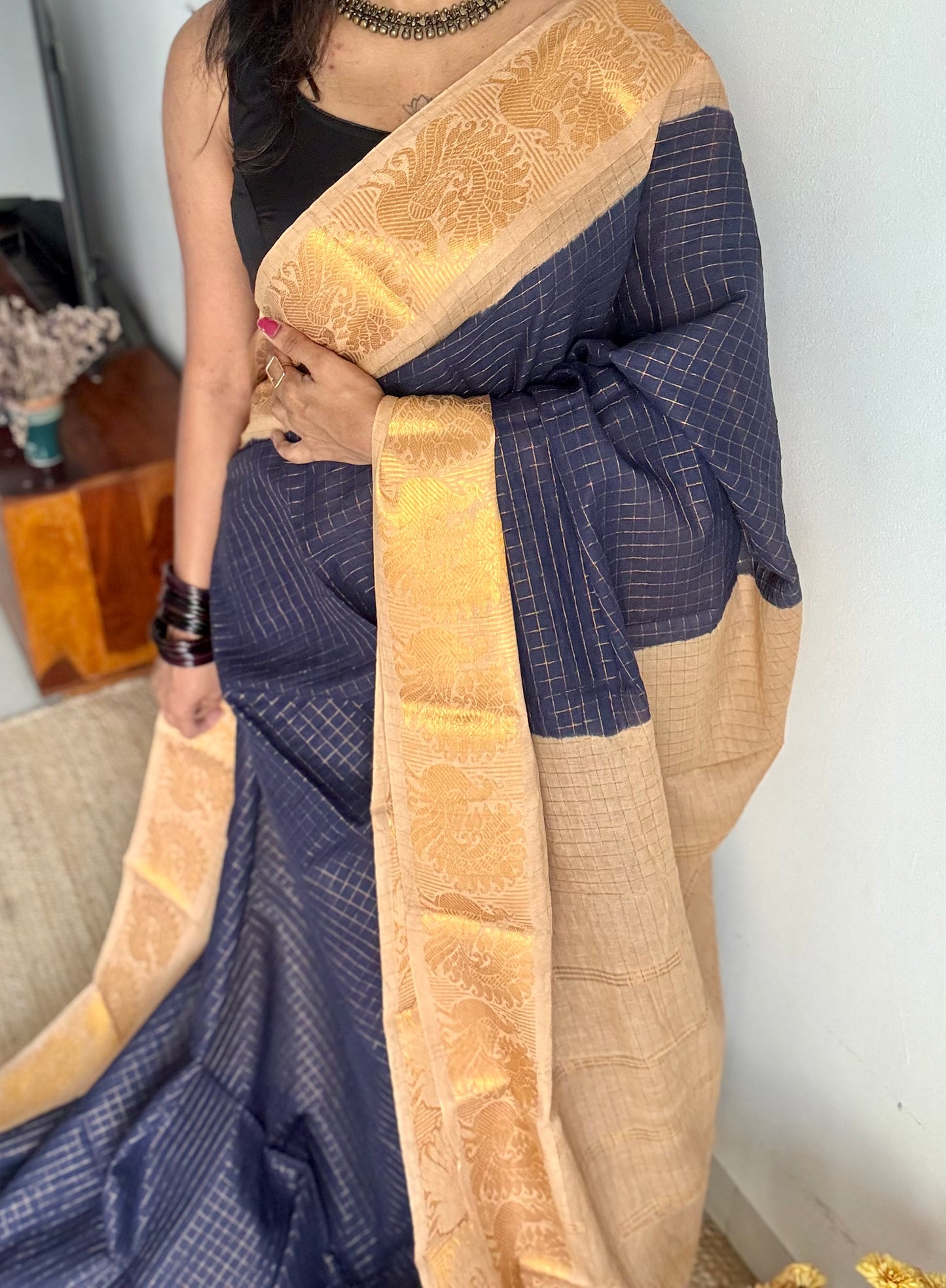 Navy blue with cream checkered sungudi, madurai cotton - YCCOTNOCSC24