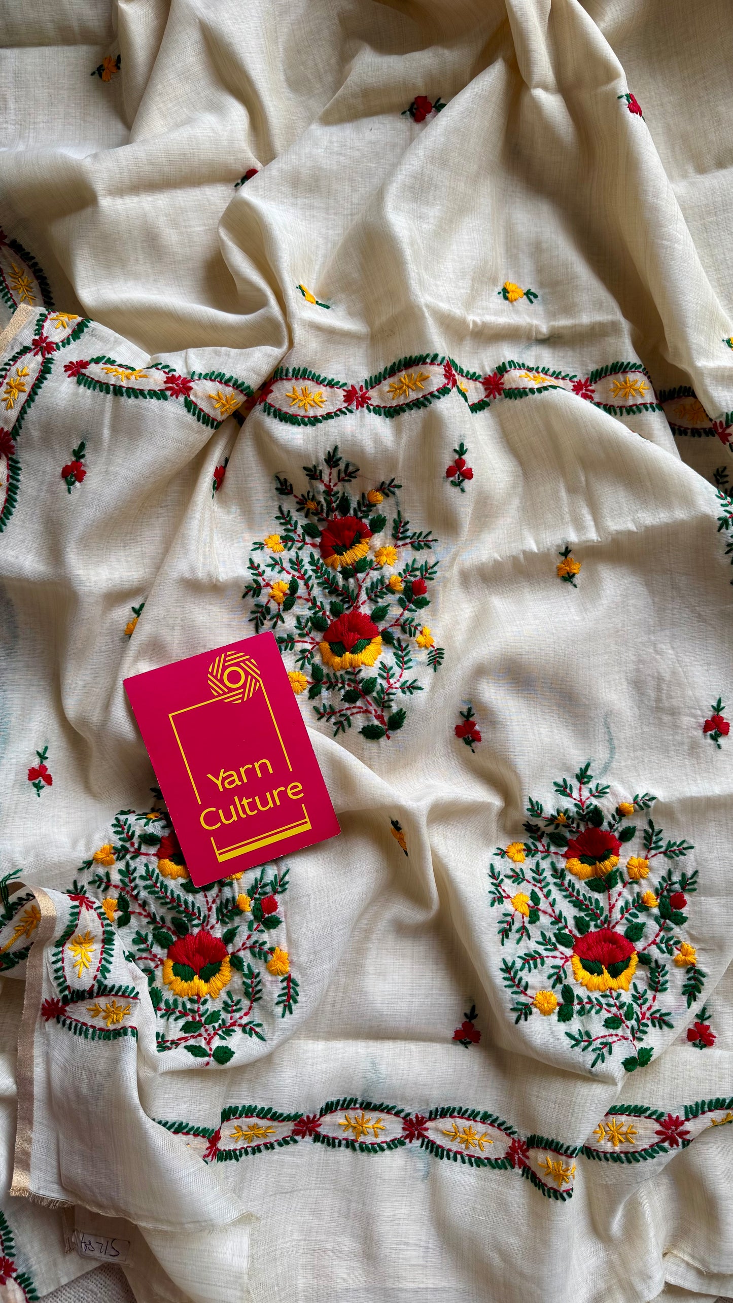 Ivory maheshwari cotton silk blend with red and yellow floral kantha threadwork - YCBLAUMK12