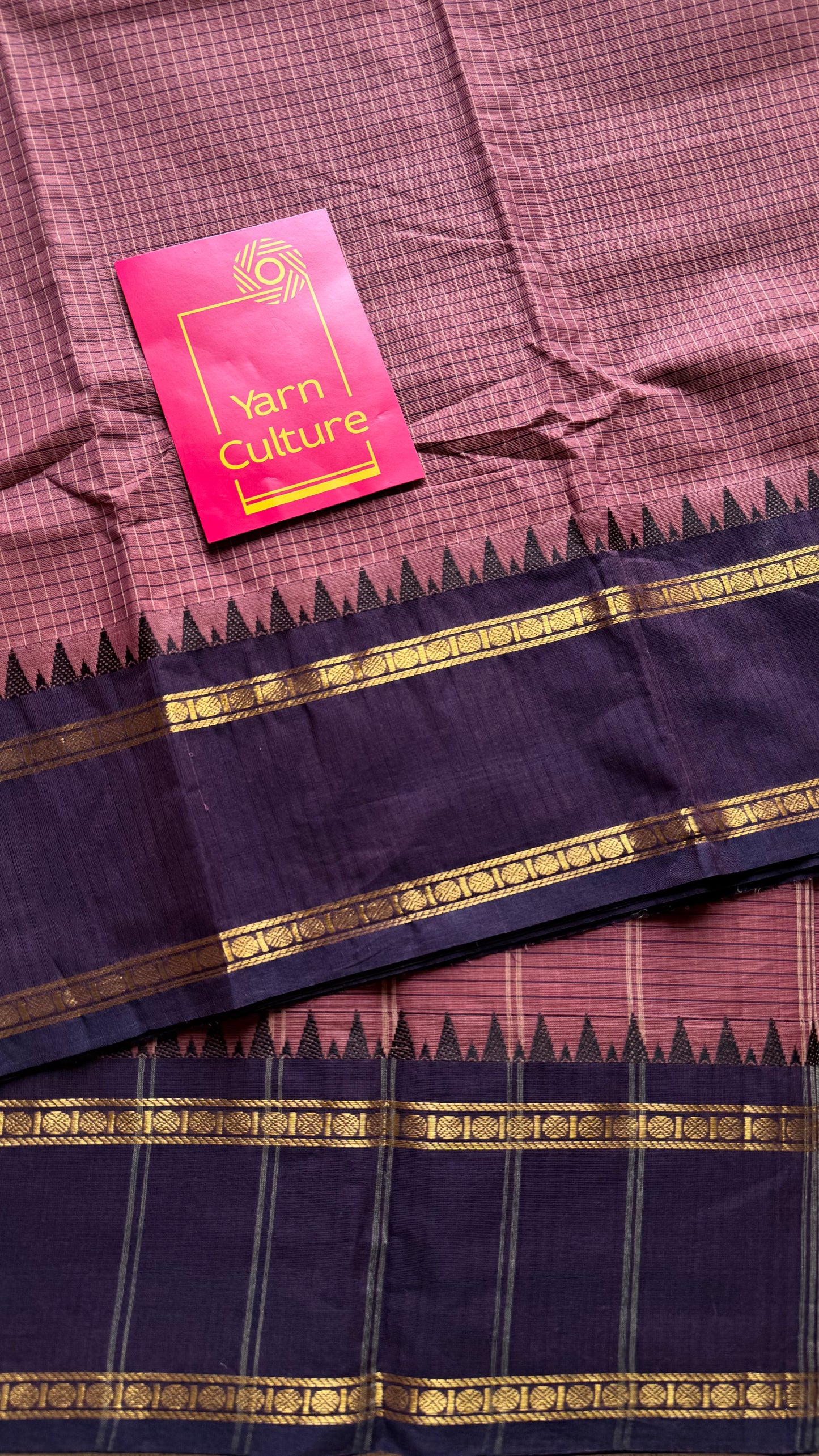 Dusty pink with deep purple border, temple motifs, checkered body, kanchi cotton - YCCOTNOCKC27