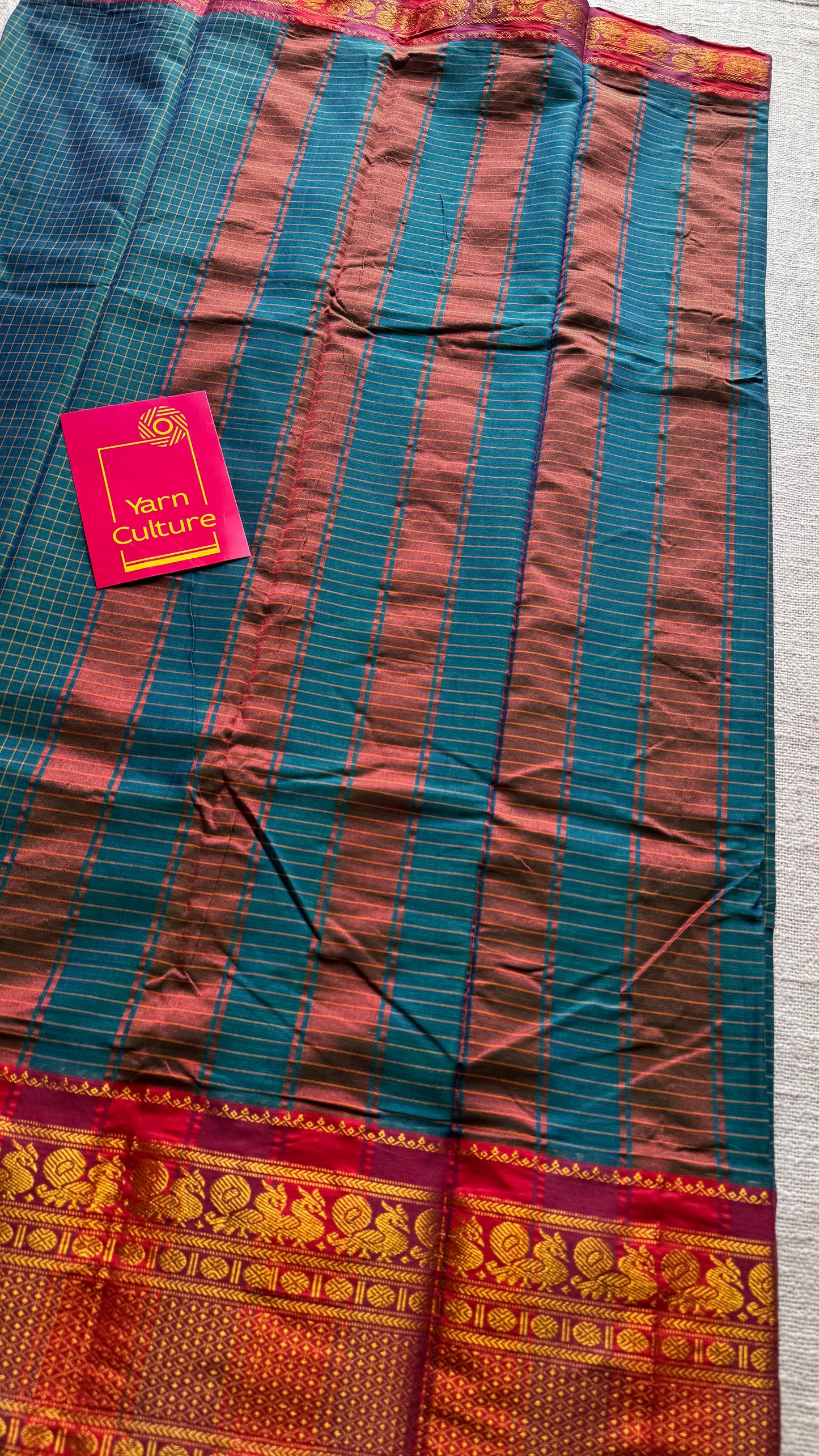 Teal checks with zari border, premium narayanpet, soft cotton - YCWOTDOCNP03