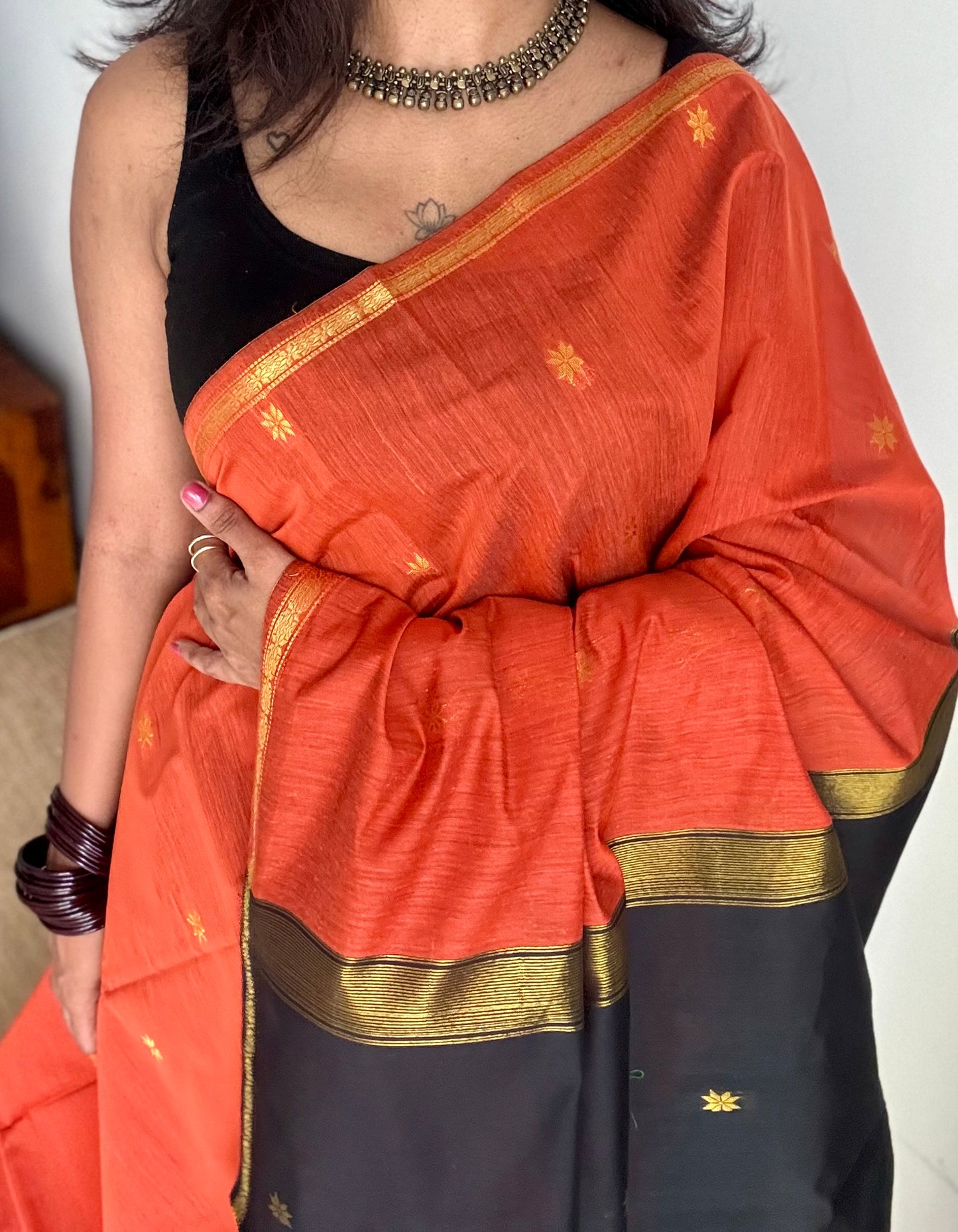 Orange with black, gold buttas, semi maheshwari cotton silk - YCCOTNFEJUSM01