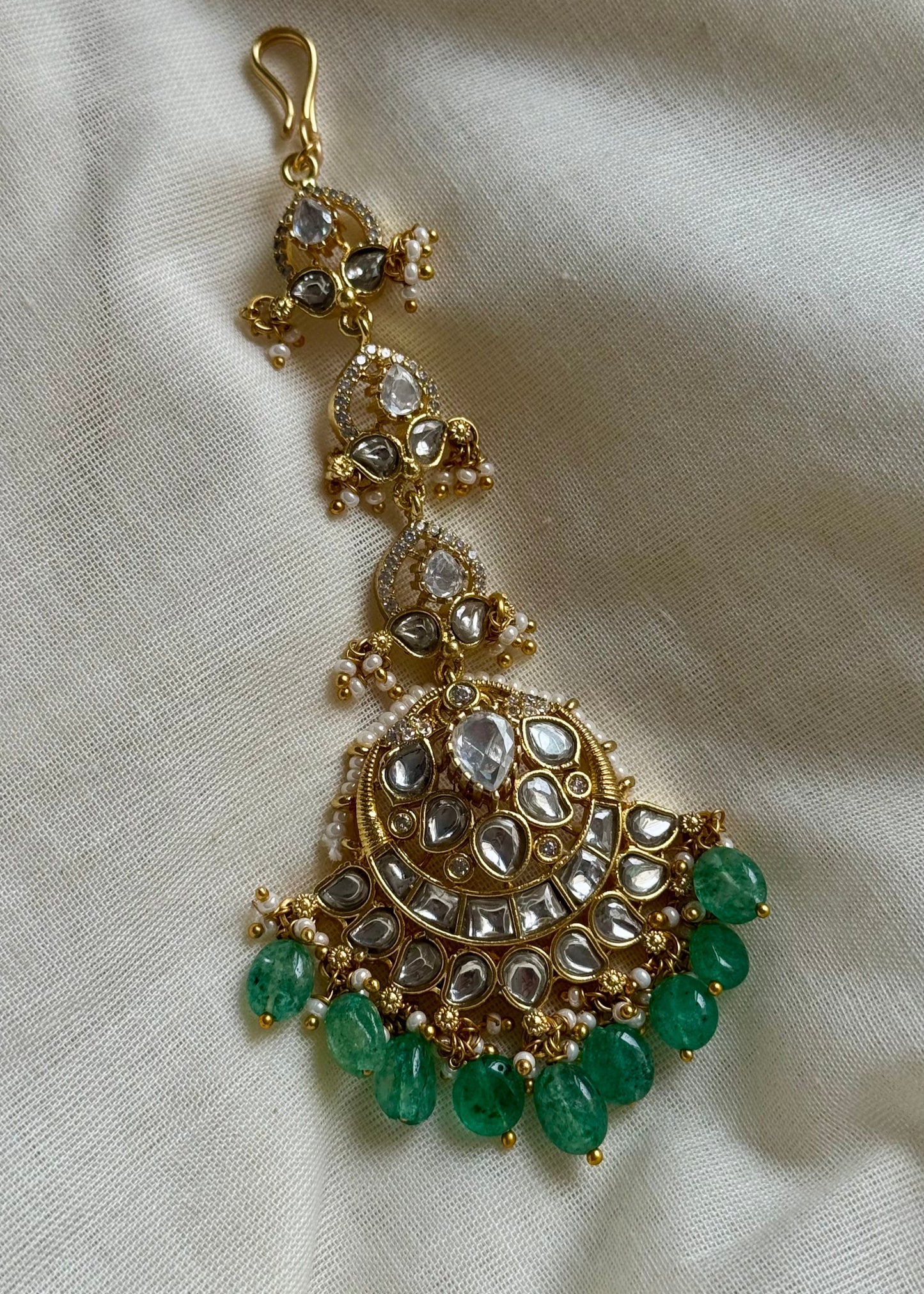 White and green kundan maang tikka - YCAGMT288