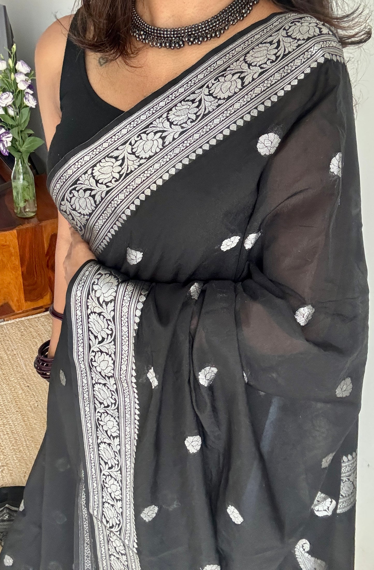 Black silver zari, Banarasi semi chiffon