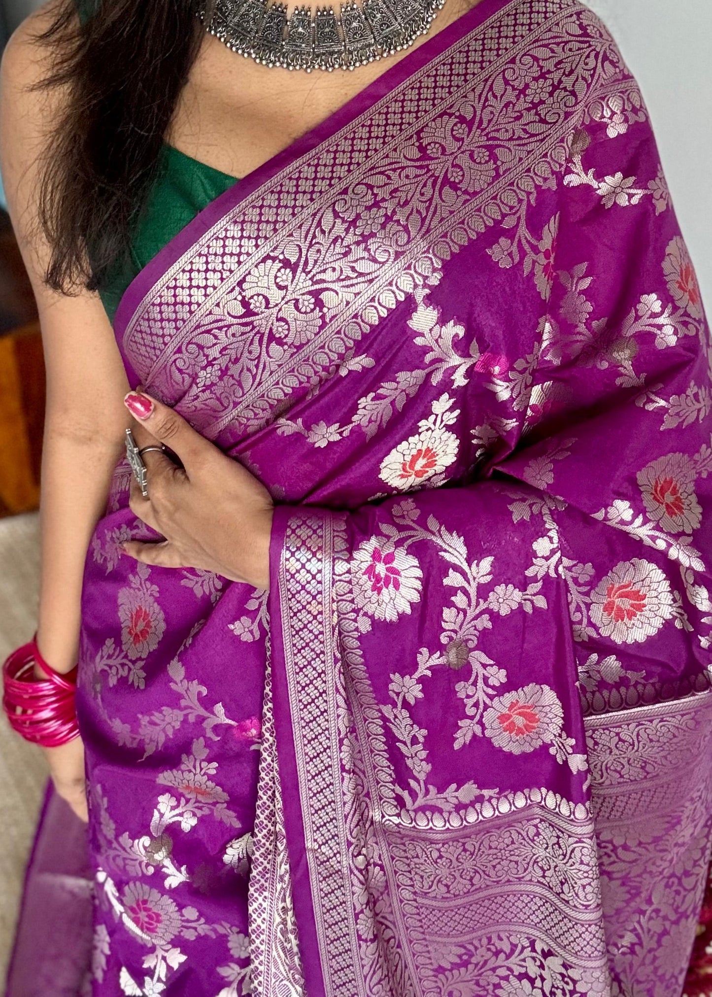 Bright purple meenakari floral pattern in silver zari, Banarasi katan dupion silk - YCDESE10