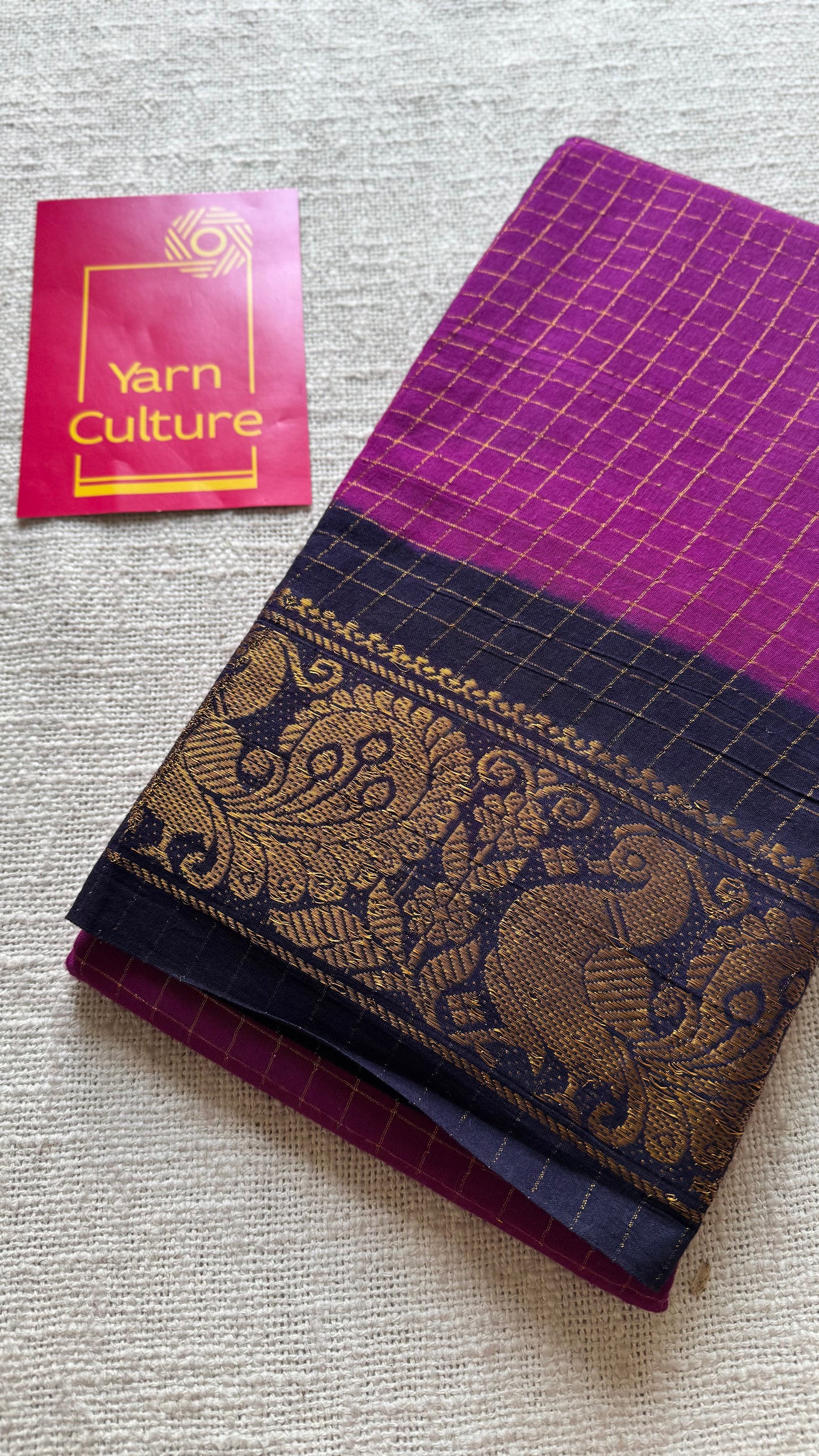 Purple pink with dark blue checkered sungudi, madurai cotton - YCCOTNOCSC21