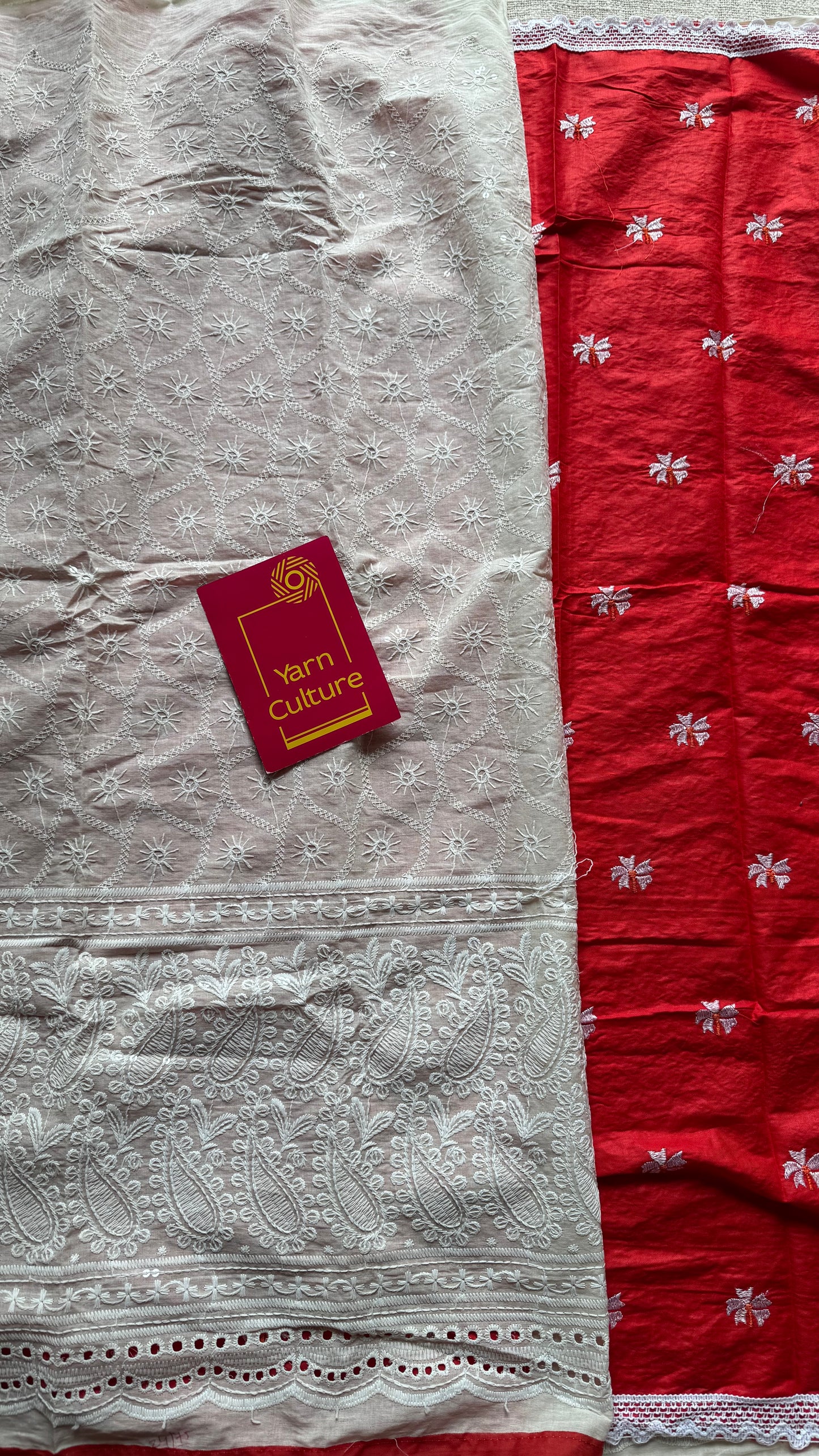 Red parijat with cream chikankari, half half saree - YCBCDP20