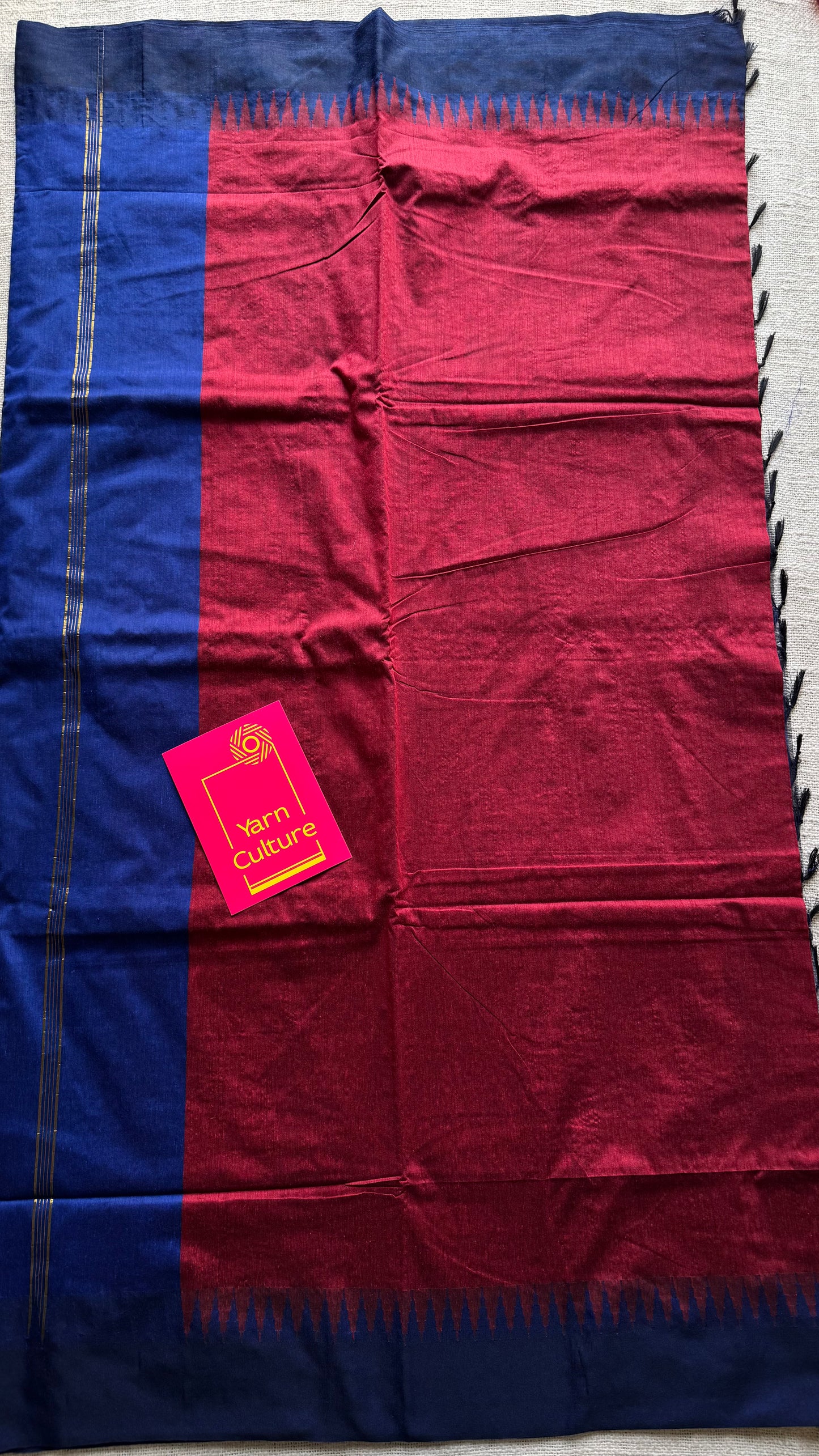 Red with royal blue temple border - cotton silk - YCCOTNOCKCS5