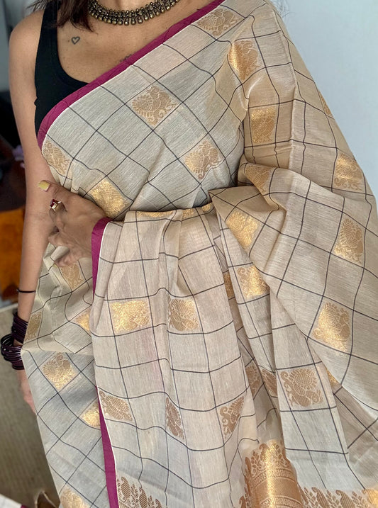 Cream dual tone checks with peacock motifs, kanchi cotton saree - YCCOTNKCFE339