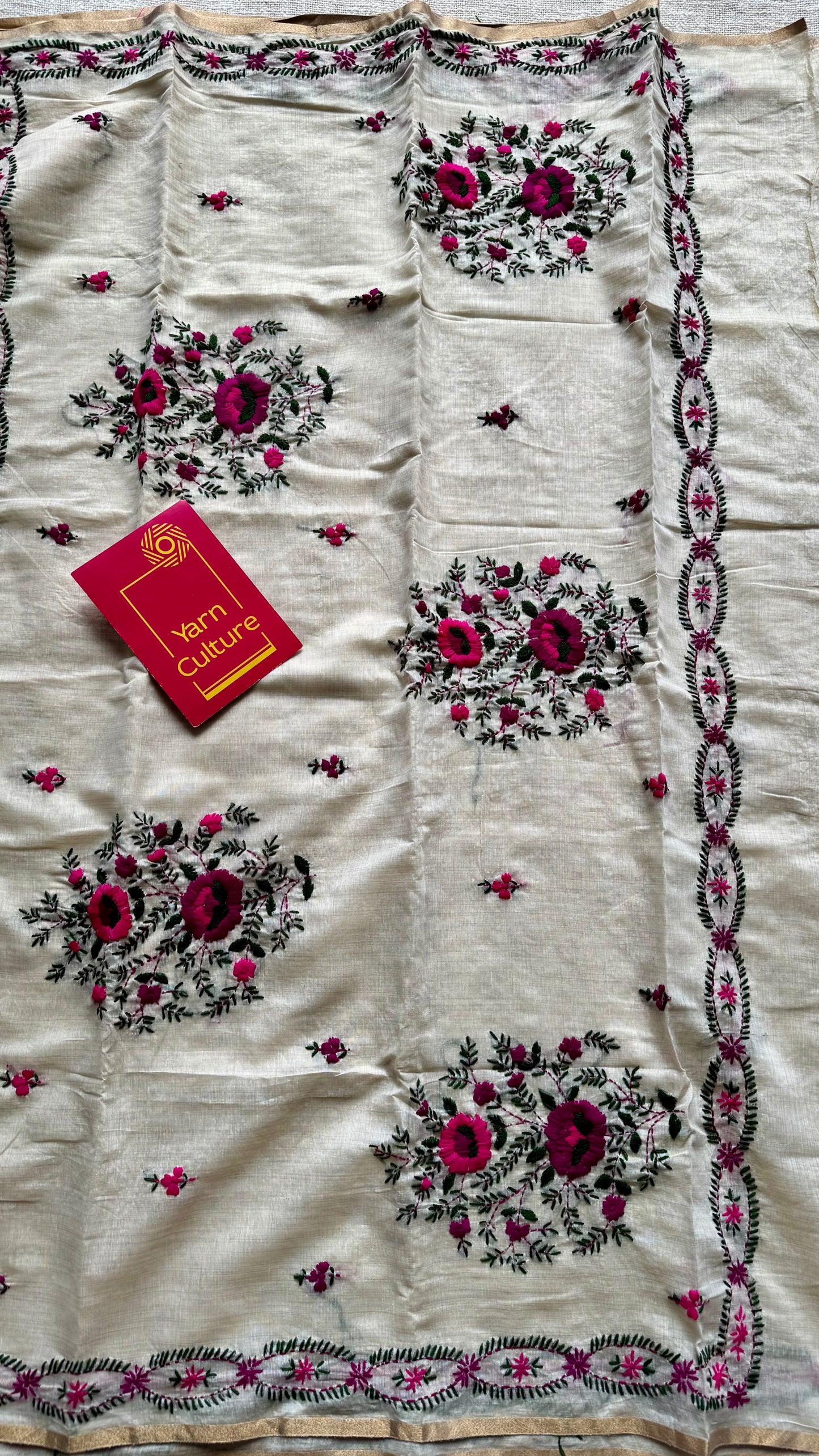 Ivory maheshwari cotton silk blend with purple and magenta floral kantha threadwork - YCBLAUMK08