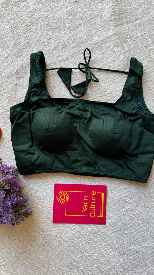 Dark green sleeveless cotton silk stitched blouse, back open, padded - YCSESBP105