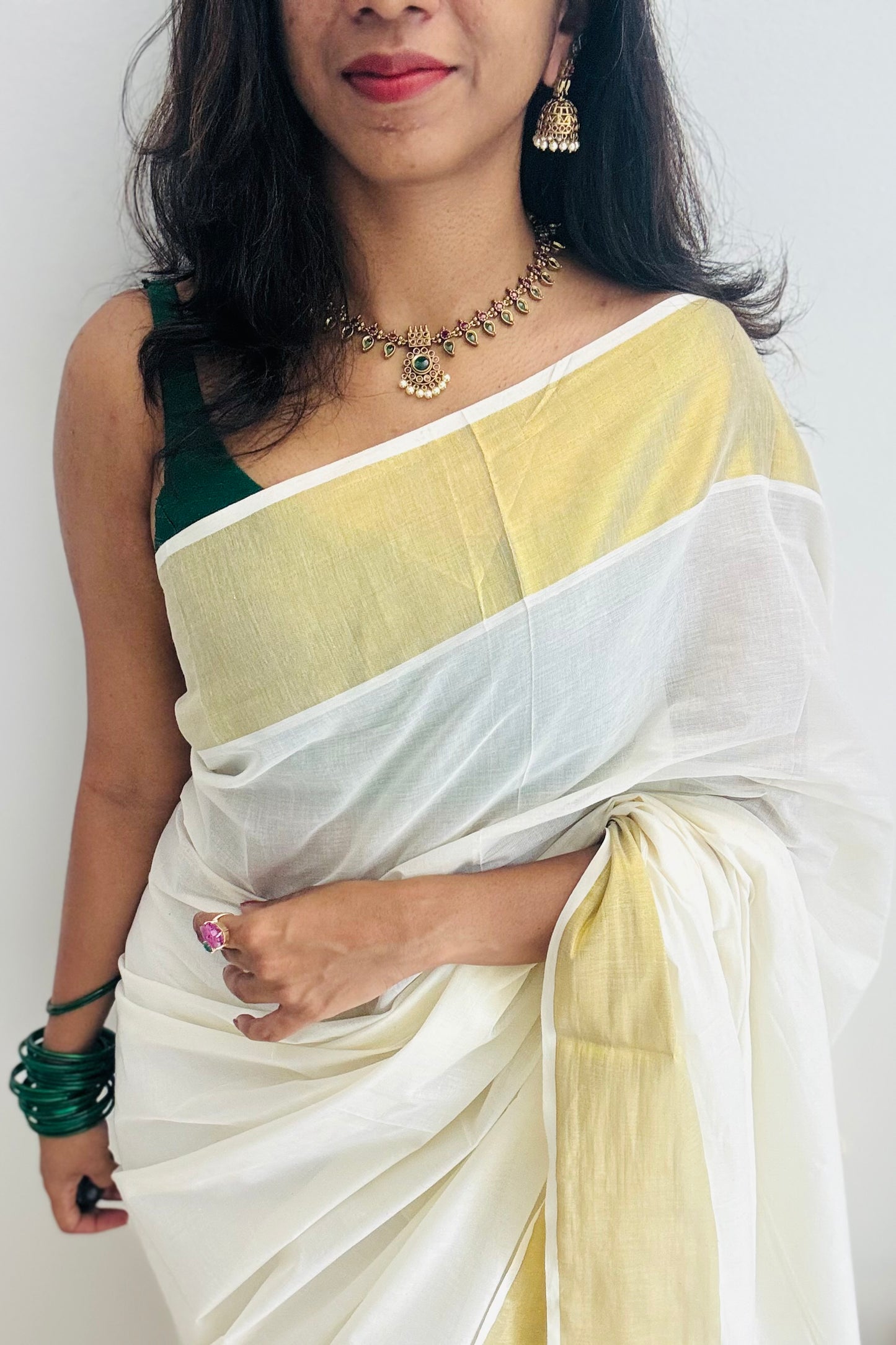 Green and dark pink palakka necklace with jhumka - YCAGC82