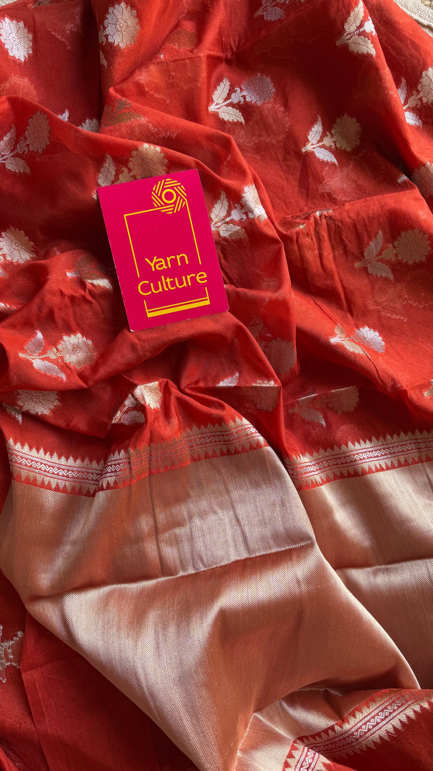 Rust orange with gold and silver floral buttas, Banarasi semi-crepe silk - YCDESE50