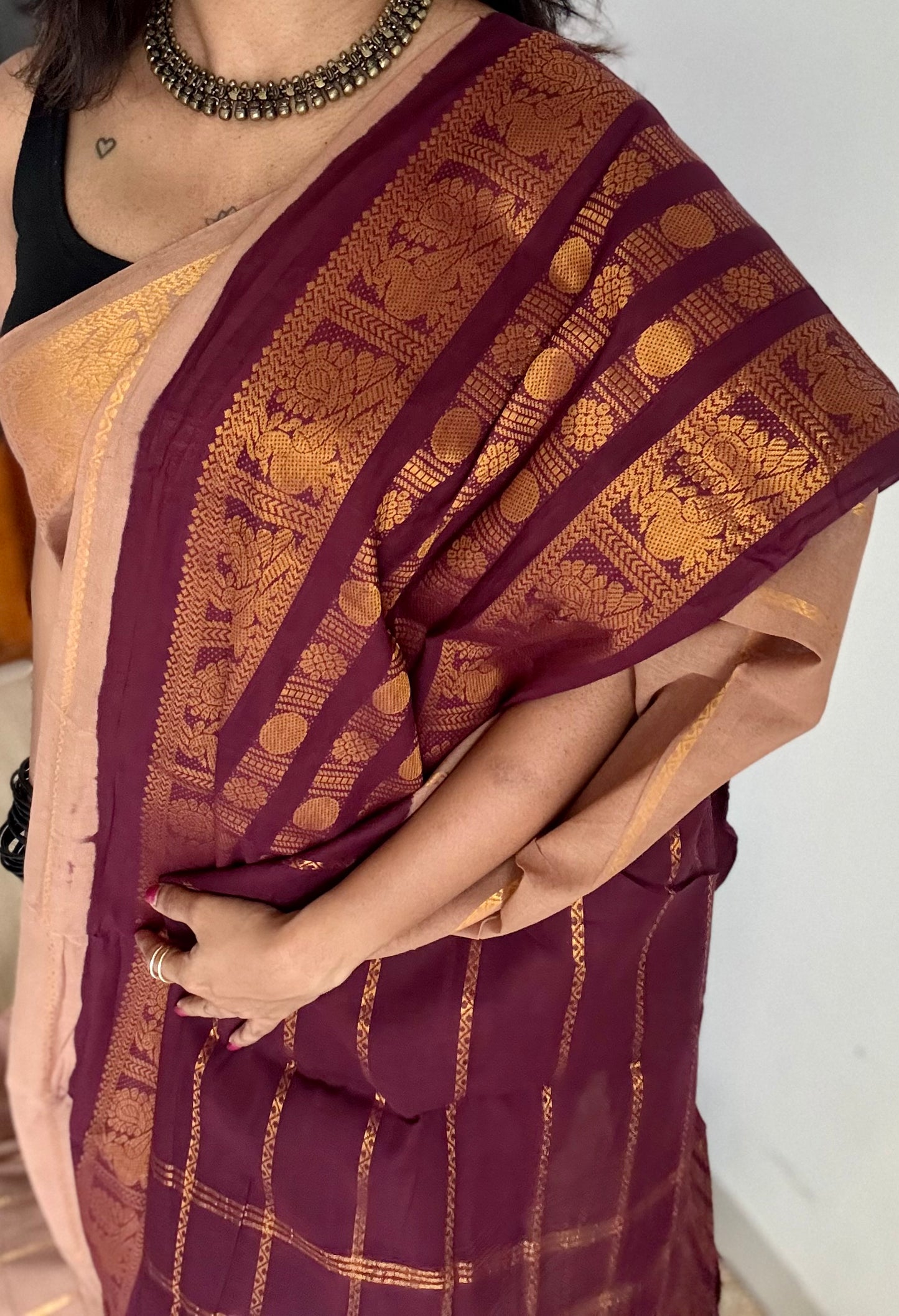 Light brown with maroon, peacock rudraksham motif, single side broad zari - madurai kattuchayam dyed - YCCOTNAURS17