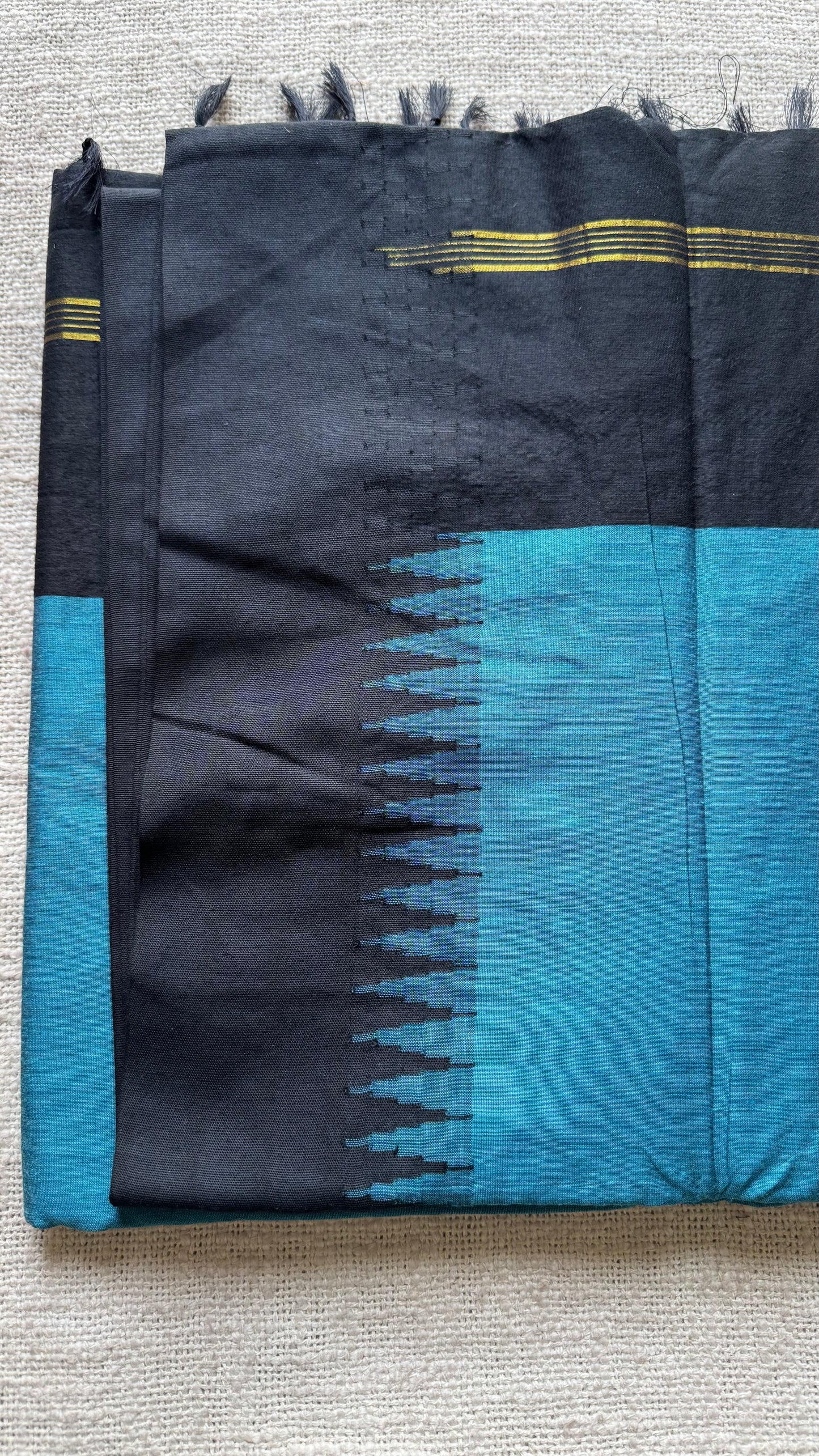 Blue with black temple border - cotton silk - YCCOTNOCKCS2