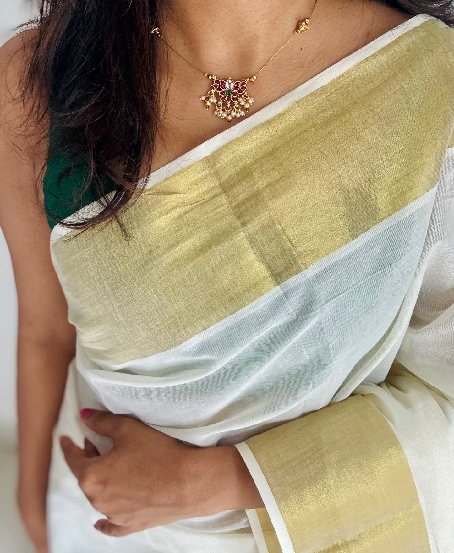 Jadau kundan lotus pendant with bead drops in invisible chain - YCAGC174